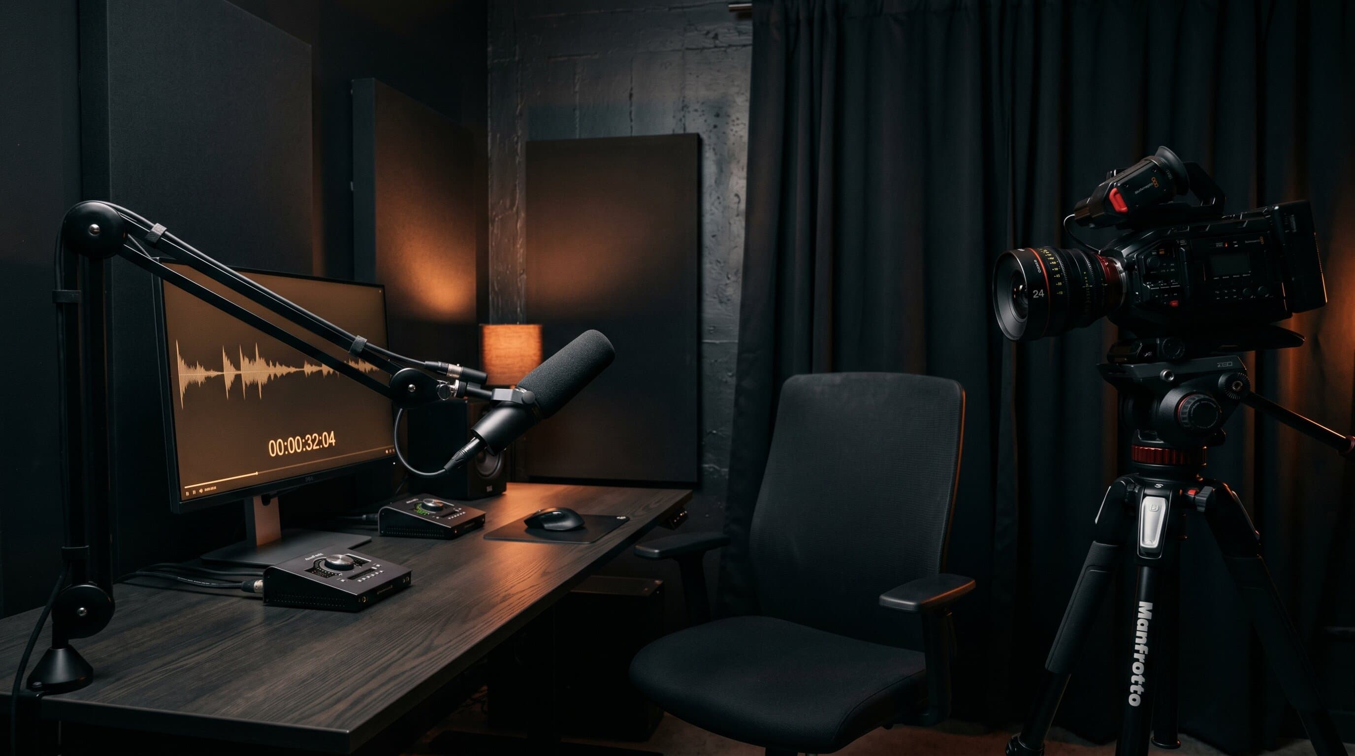 A dim home recording studio with a microphone, monitor, and camera ready to film, lit with warm orange accents