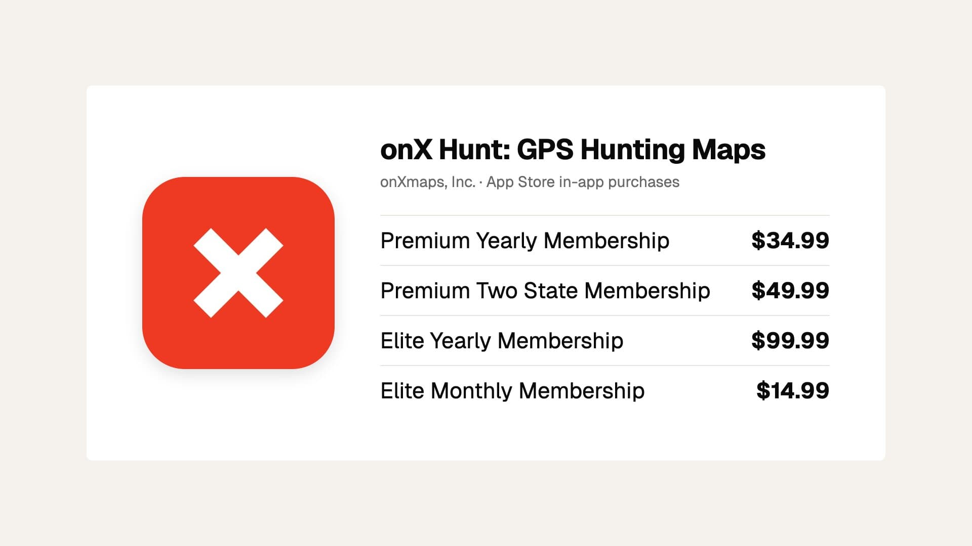 The onX Hunt GPS Hunting Maps app icon beside its App Store in-app purchase prices on October 3, 2026: Premium Yearly Membership $34.99, Premium Two State Membership $49.99, Elite Yearly Membership $99.99 and Elite Monthly Membership $14.99