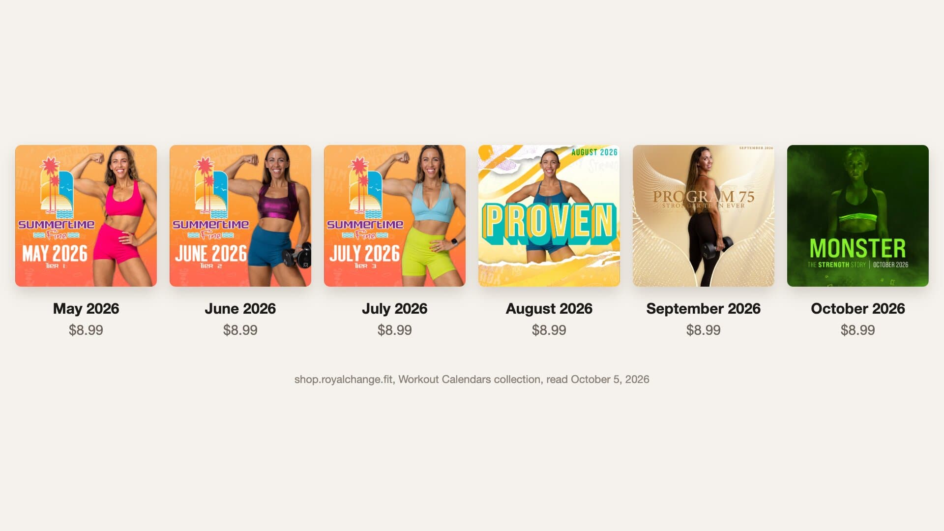 Six Royal Change workout calendar covers from May to October 2026, each showing Sydney Cummings Houdyshell: Summertime Fine Tier 1, 2 and 3, PROVEN, PROGRAM 75 and MONSTER, each priced at $8.99