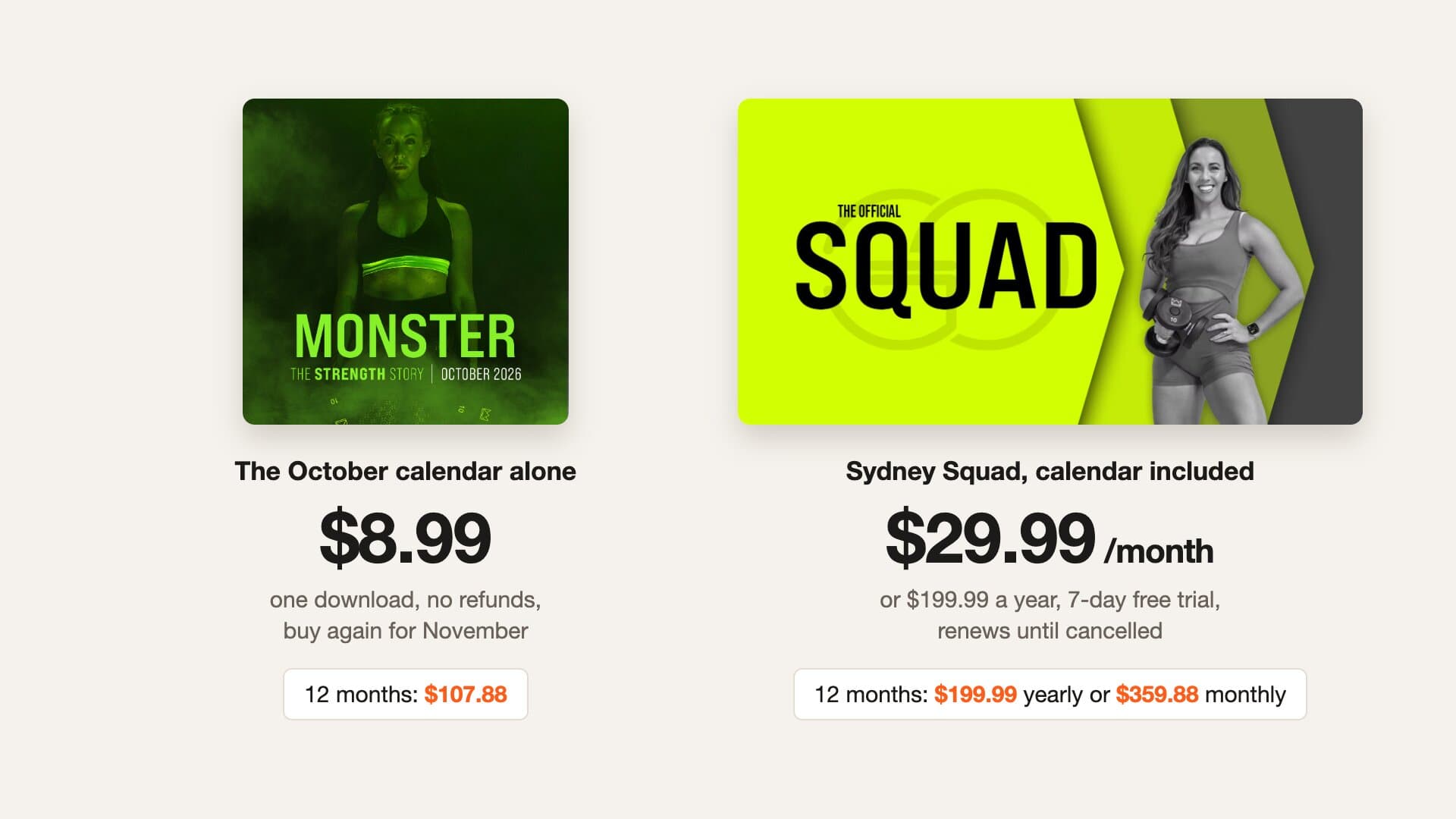 The MONSTER October 2026 calendar sold alone for $8.99, totalling $107.88 over 12 months, beside the Sydney Squad membership at $29.99 a month or $199.99 a year with the calendar included