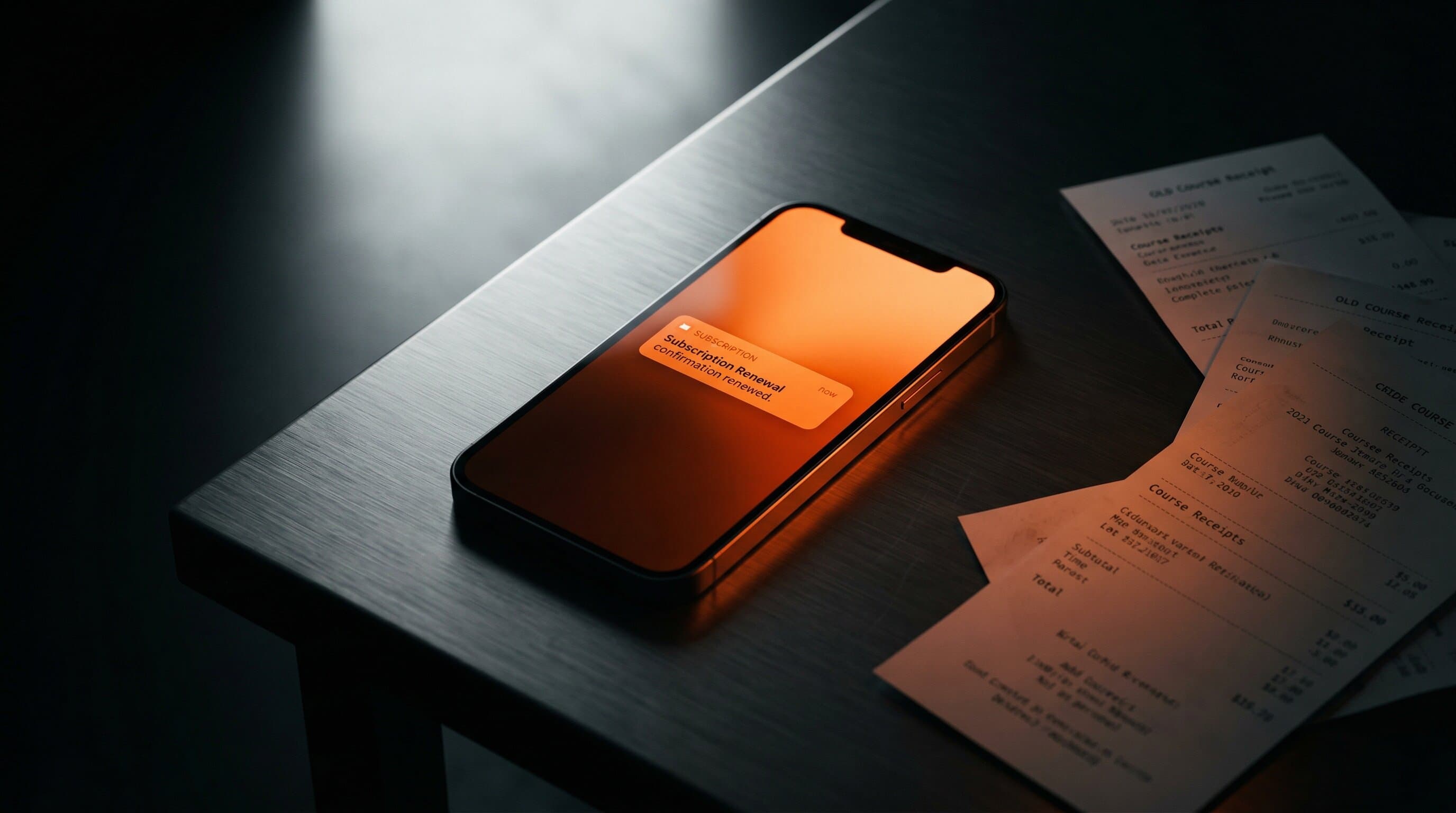 A smartphone displaying a subscription renewal notification glows with orange light next to fading course receipts