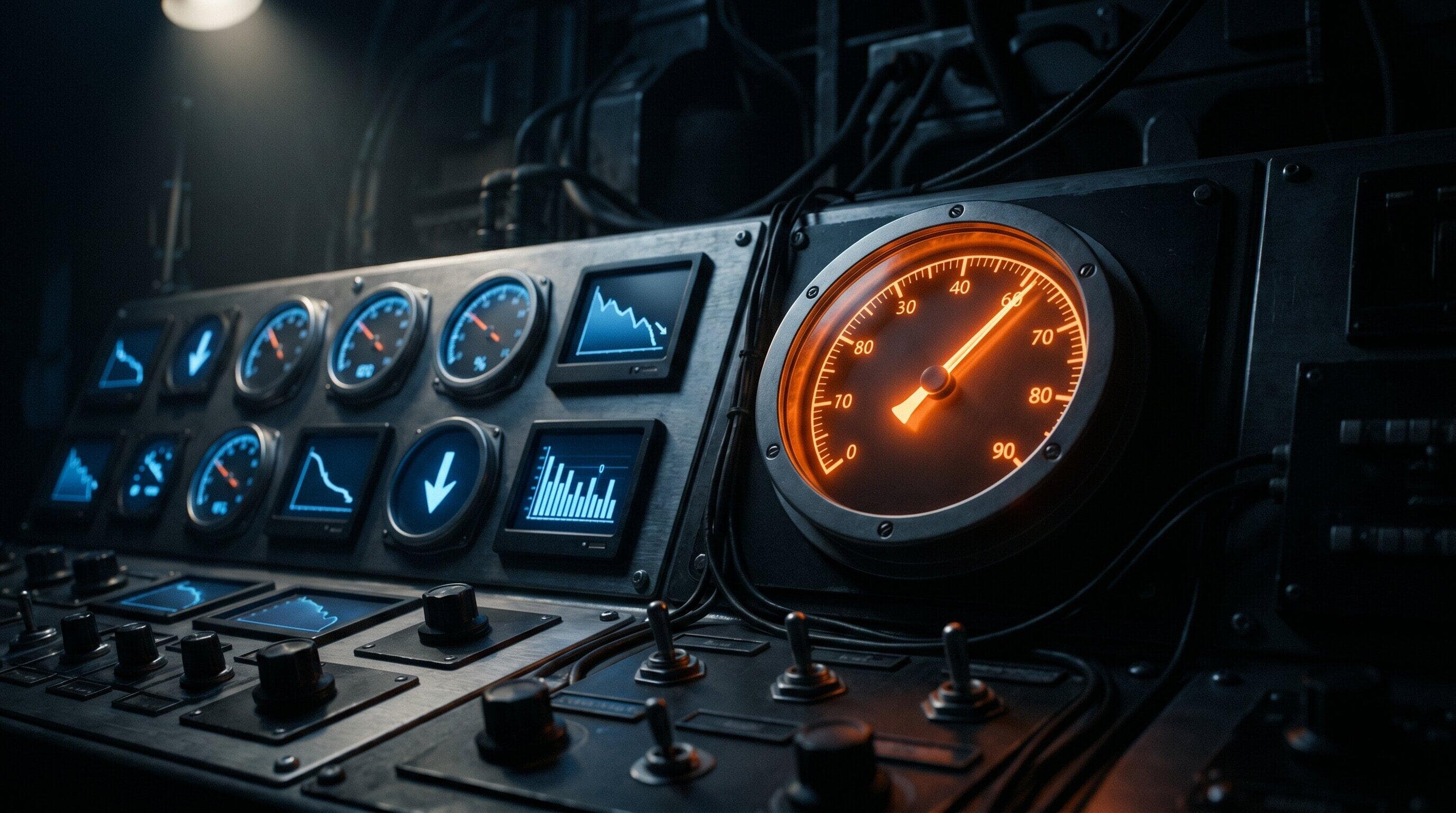 Dim industrial control panel with red lights showing platform reach and revenue dropping while a single warm orange dial labeled MRR climbs steadily upward