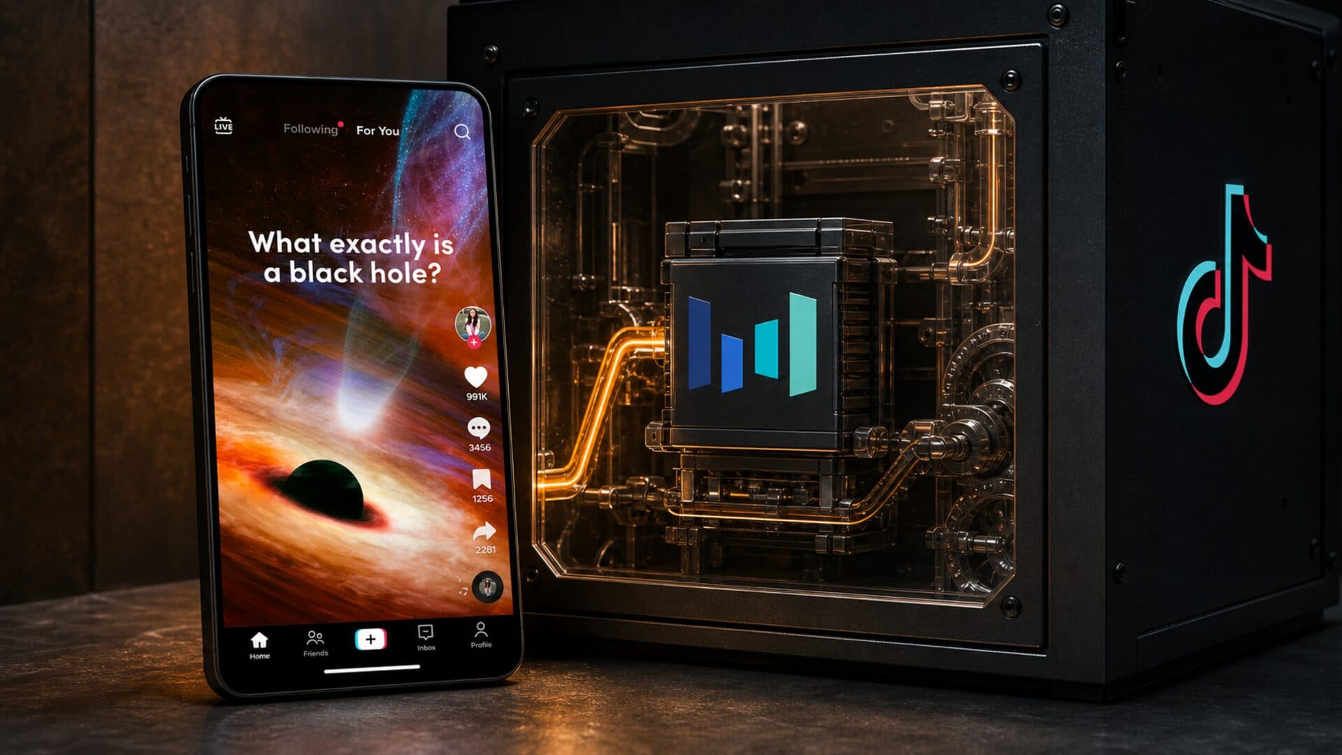 The real TikTok feed beside a sealed recommendation machine whose removable core carries ByteDance's mark
