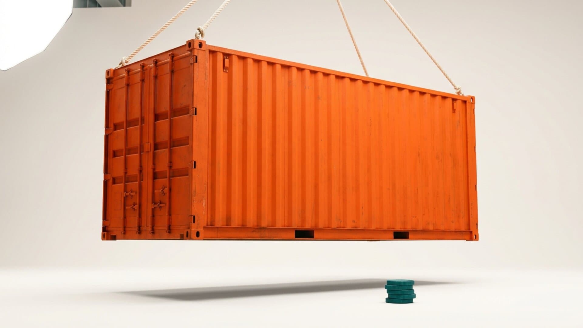 A massive molten orange shipping container suspended above a row of tiny teal coin stacks on a bright pale surface