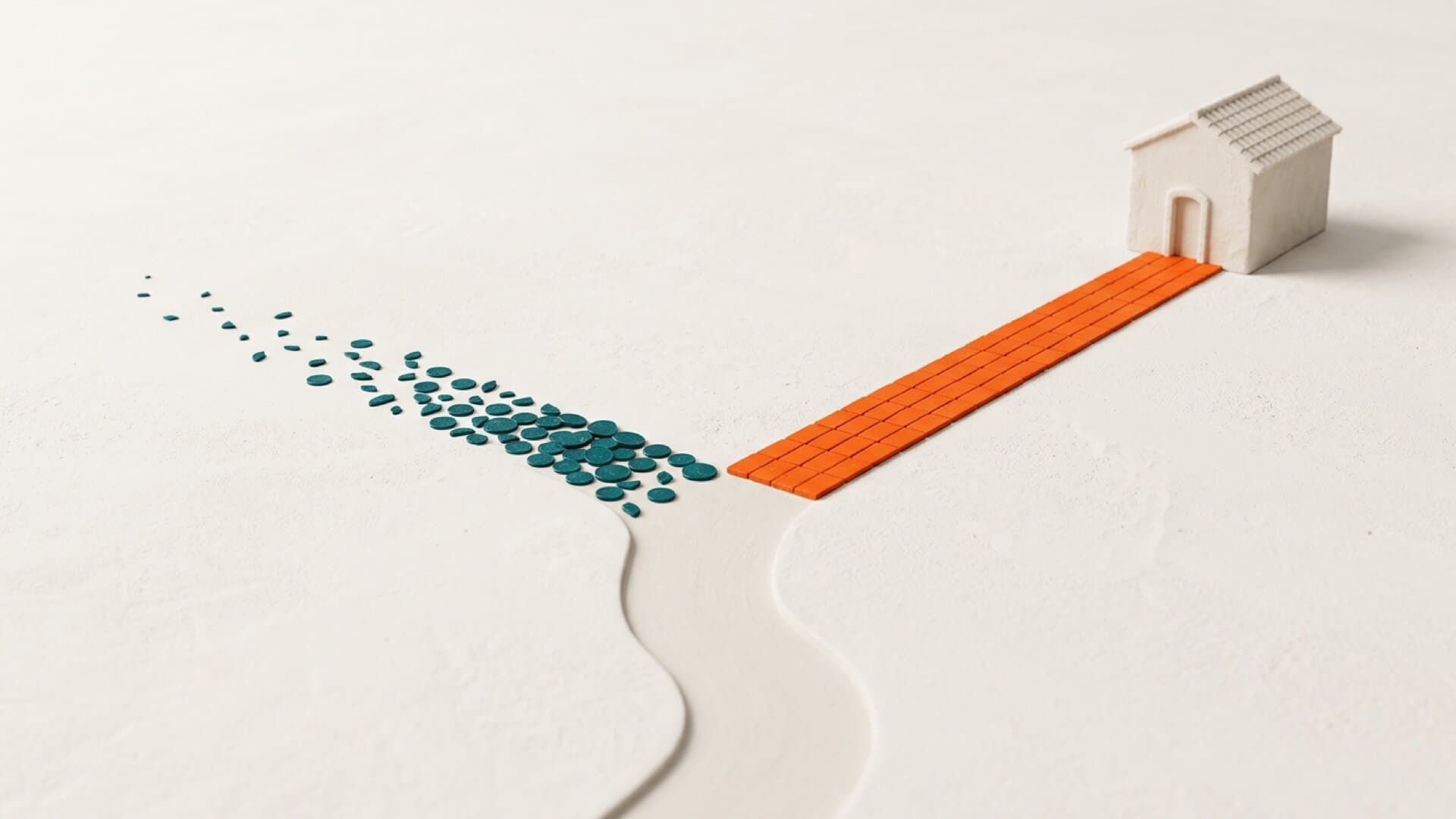 A bright fork in a pale road, one path of scattered teal coins and one paved in solid molten orange leading to a small building