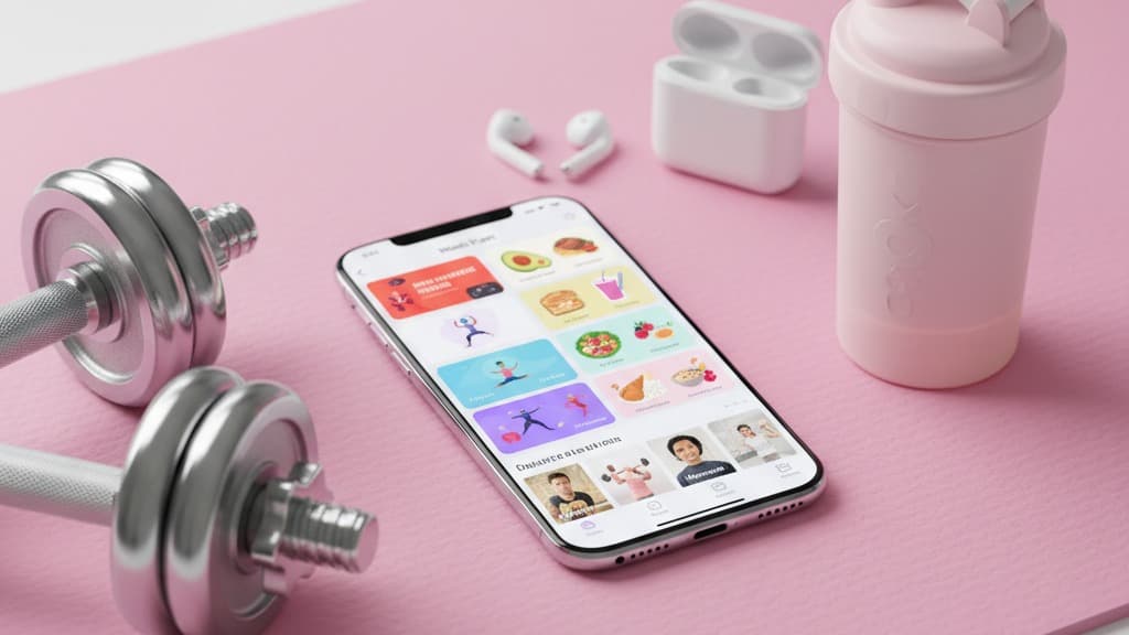 Tone It Up fitness app on a smartphone surrounded by workout gear and nutrition products, representing the creator-built subscription fitness platform