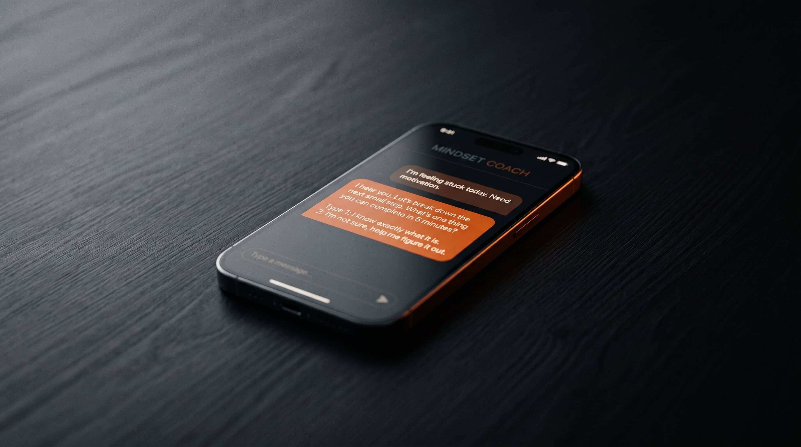 A dark editorial photograph of a smartphone on a desk displaying a minimal AI coaching app interface with warm orange accent lighting