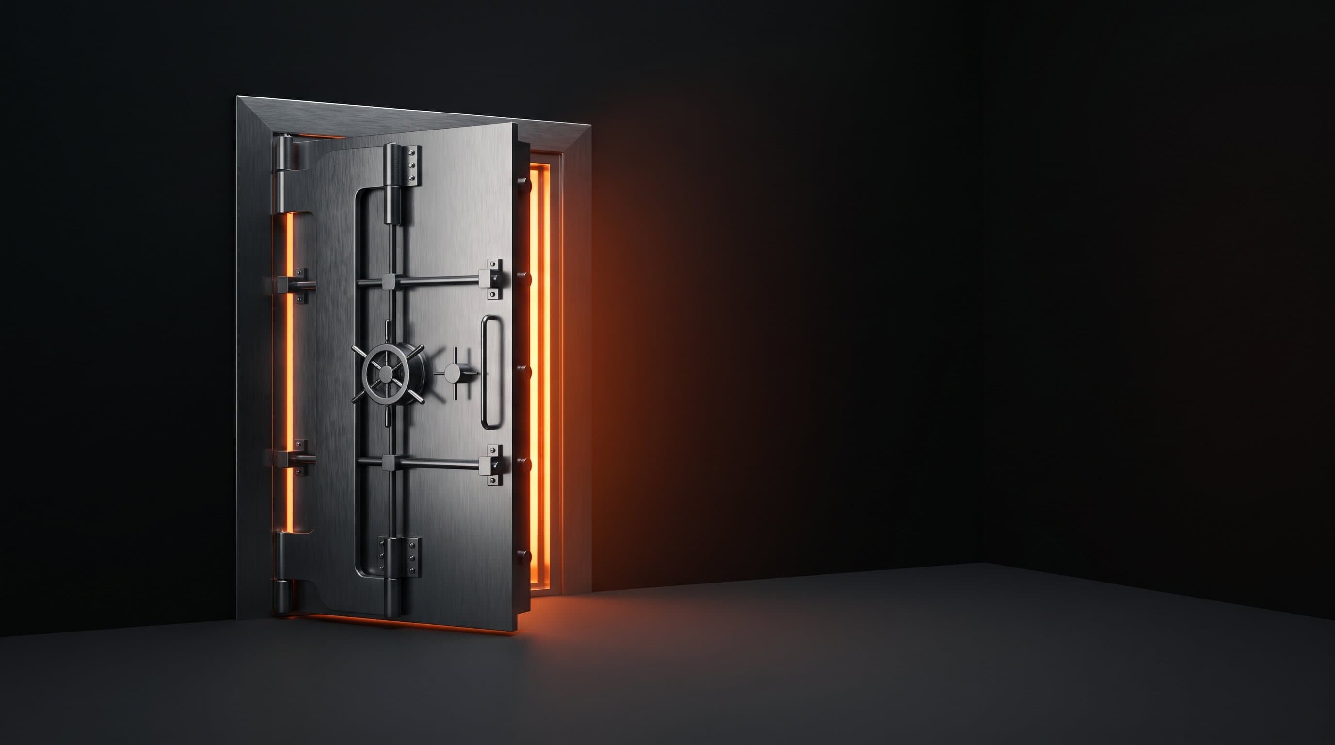 A brushed-steel vault door standing ajar with warm orange light spilling out in a dark room