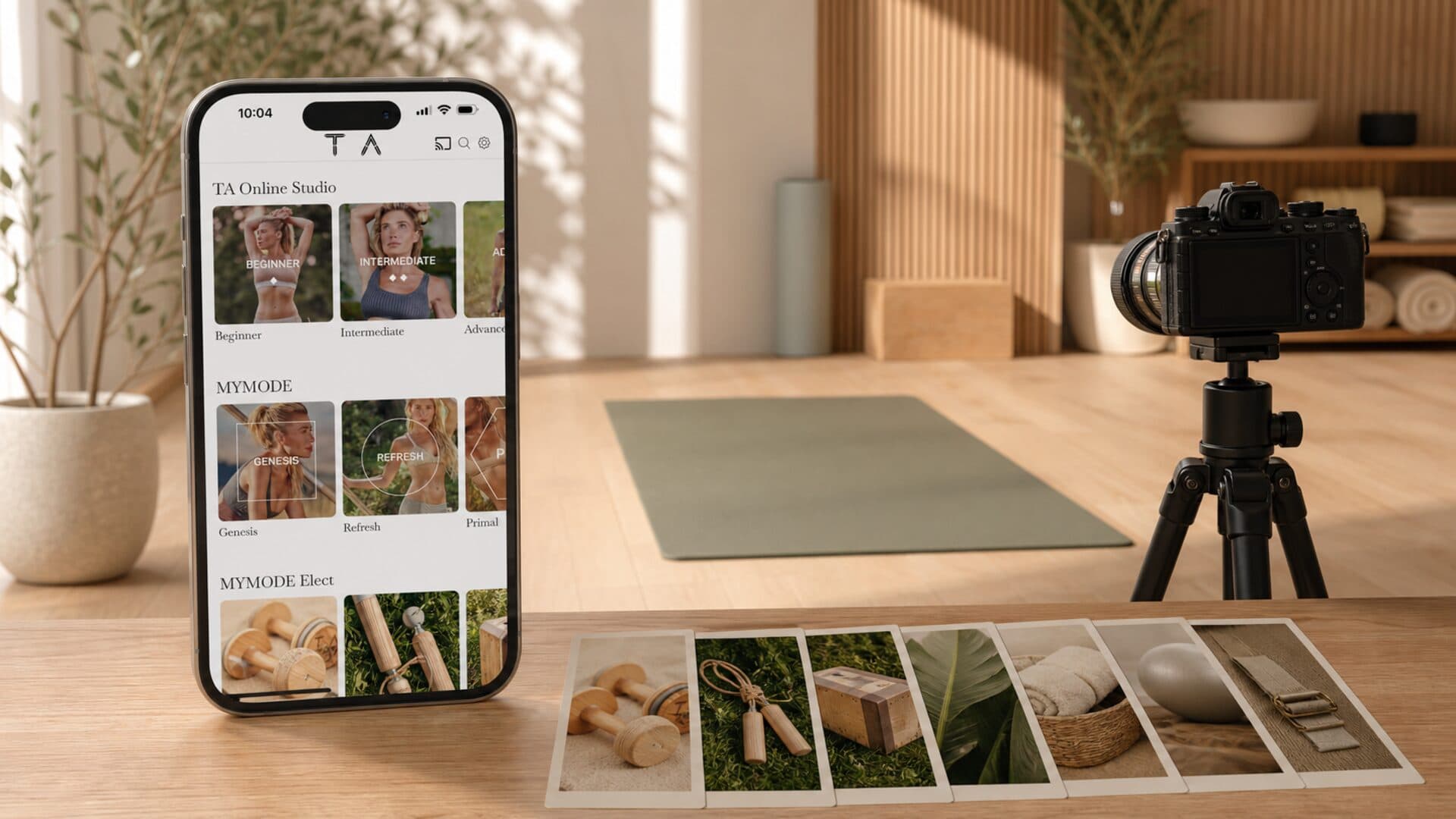 The Tracy Anderson Online Studio app beside a camera, an empty workout set, and seven fresh class cards