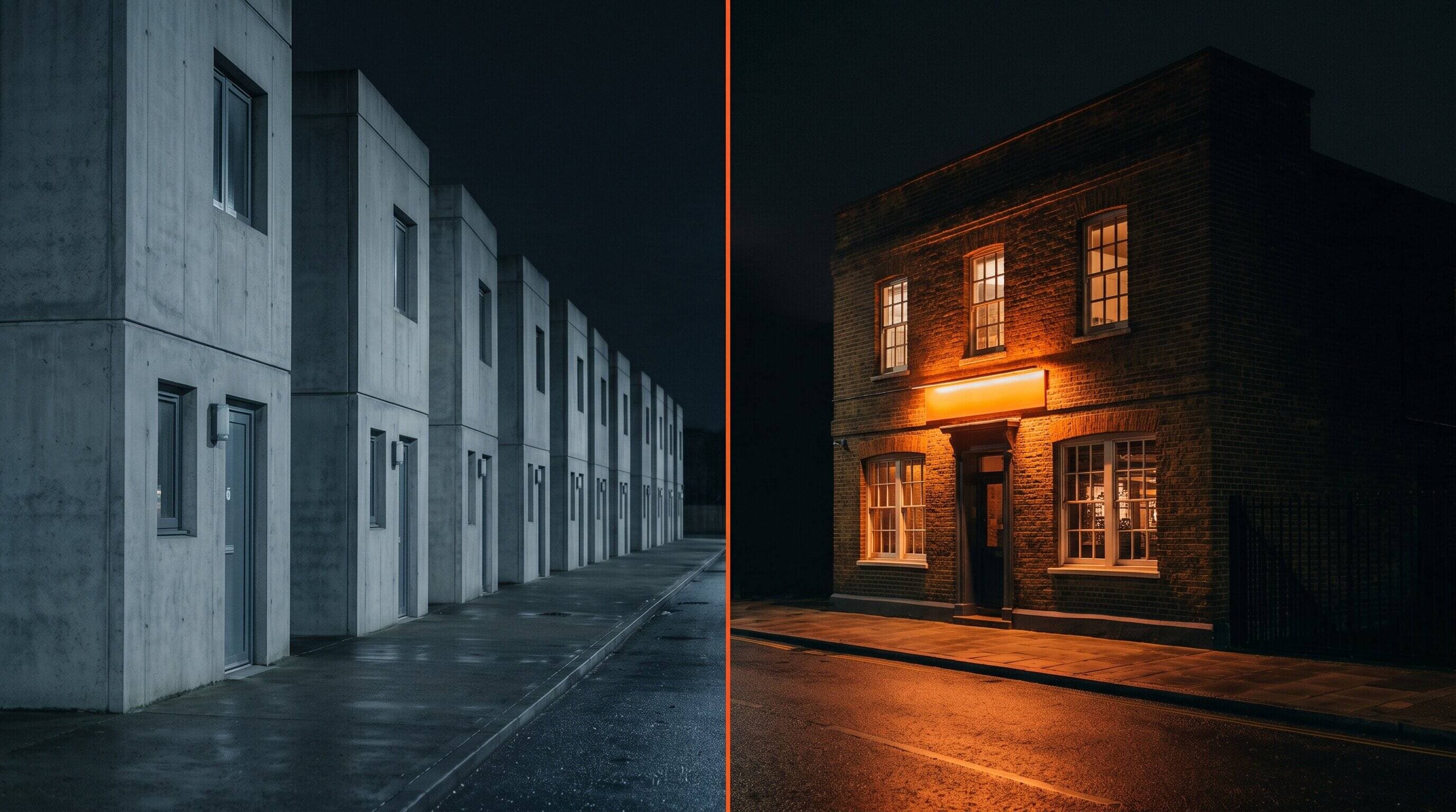 Split photograph contrasting a row of identical grey template buildings against a single distinct brick building glowing with warm orange light