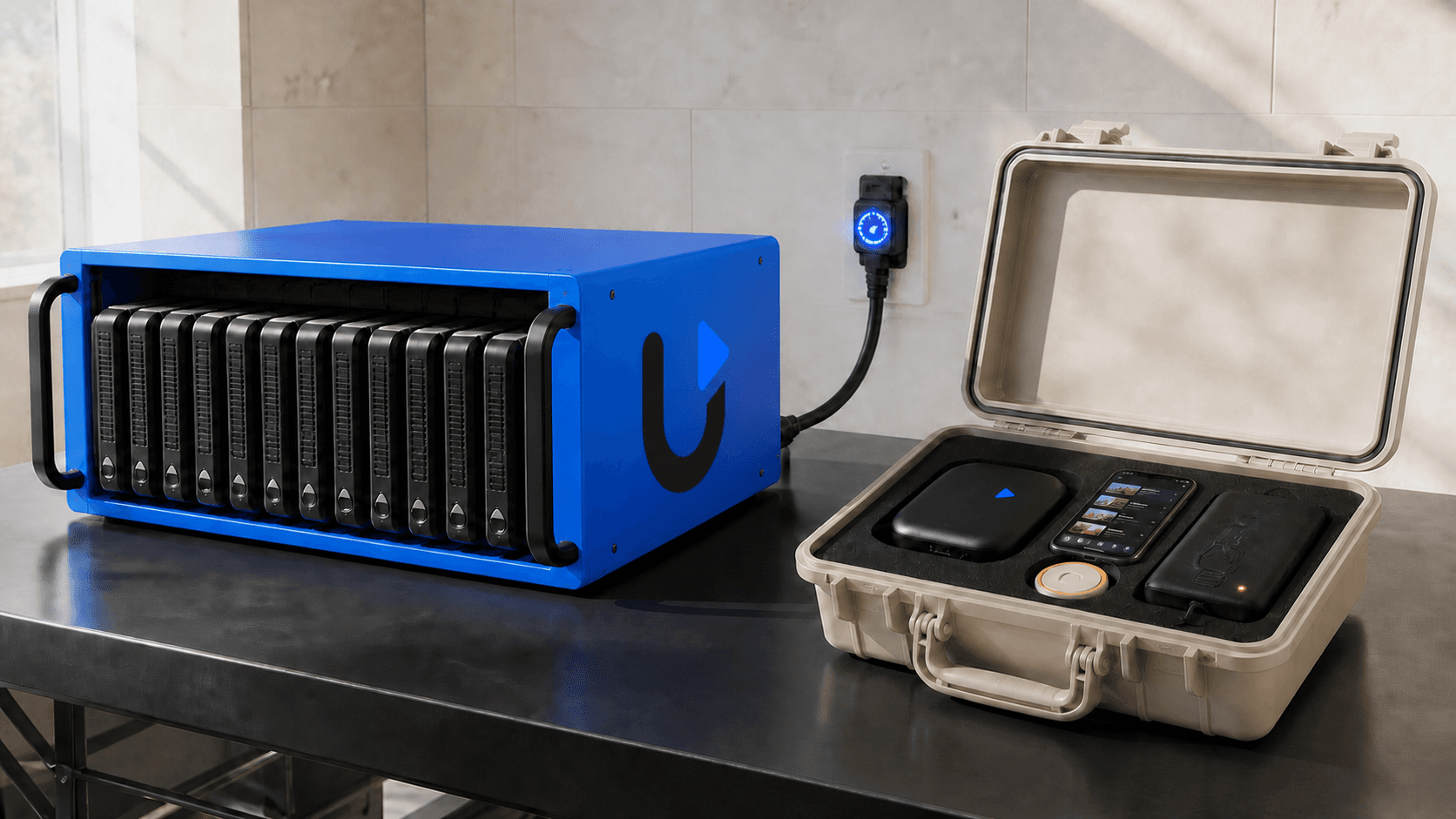 A tethered Uscreen rental rack sits beside a portable master archive containing an independent creator app and its transferable assets
