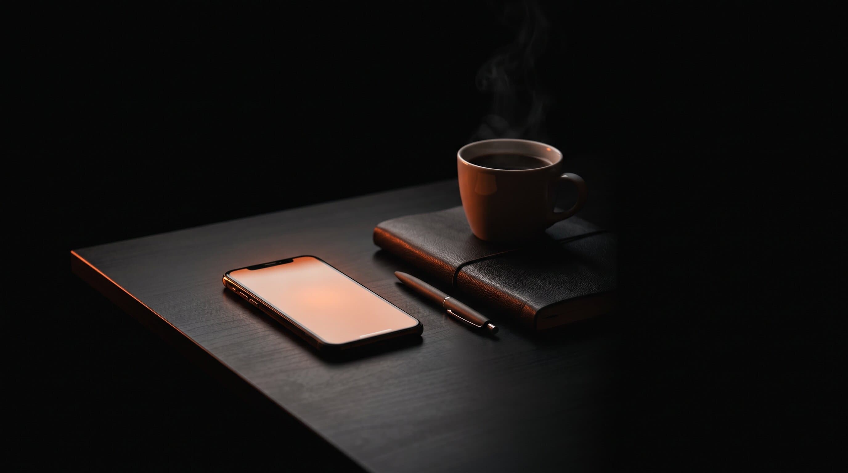 A glowing smartphone beside a leather journal, pen, and a cup of coffee on a dark desk, representing a daily personal-growth practice