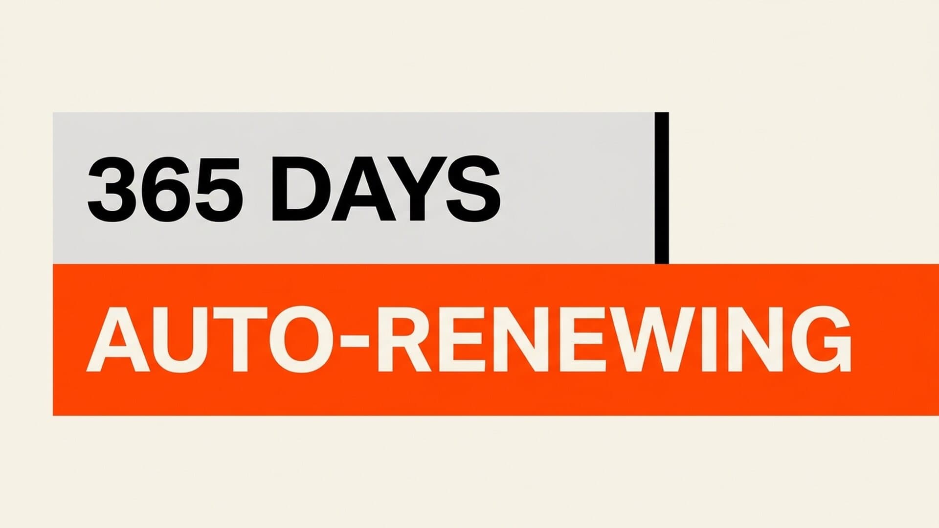 A flat editorial diagram: a grey bar labelled 365 DAYS stopping at a hard black end line, and an orange bar labelled AUTO-RENEWING running off the right edge of the frame