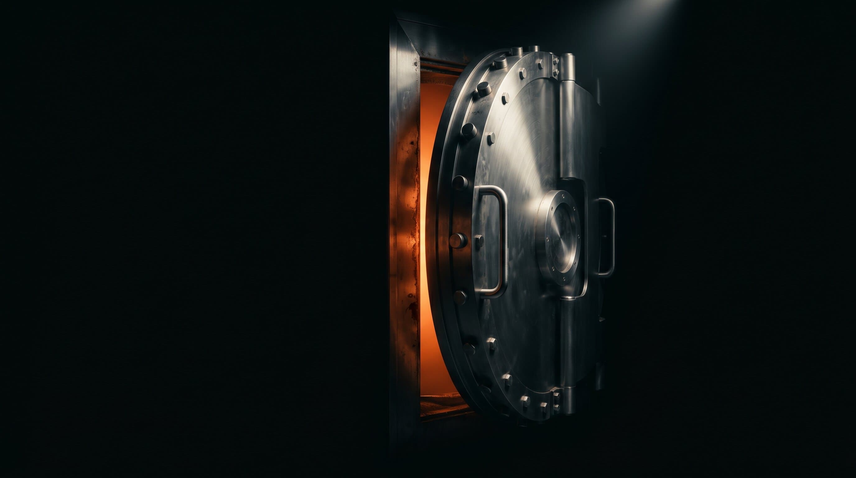 A heavy steel bank vault door cracked open with warm orange light spilling out from inside, set against pure darkness, representing the conversion moment when a free user becomes a paying subscriber