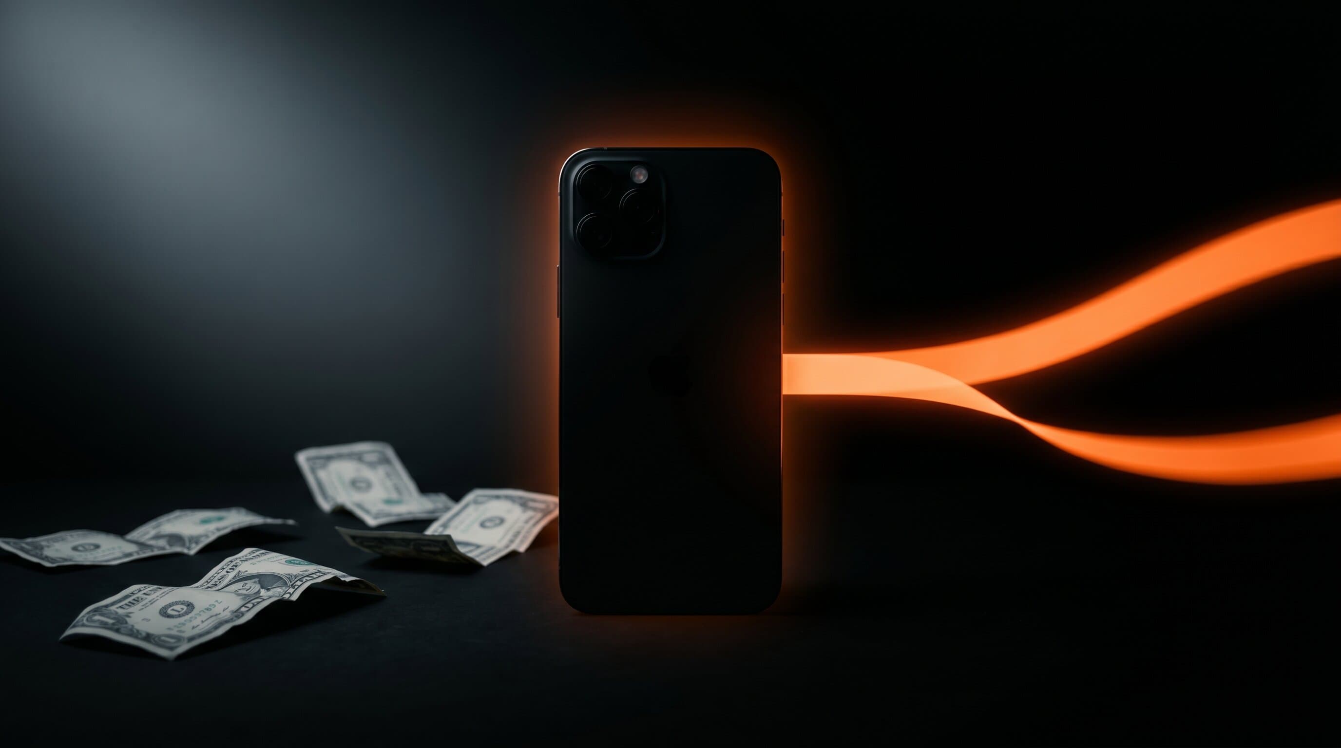 Phone with a glowing orange creator audience ribbon flowing in from the right while crumpled dollar bills sit in shadow on the left, illustrating the gap between paid acquisition and free creator audience CAC