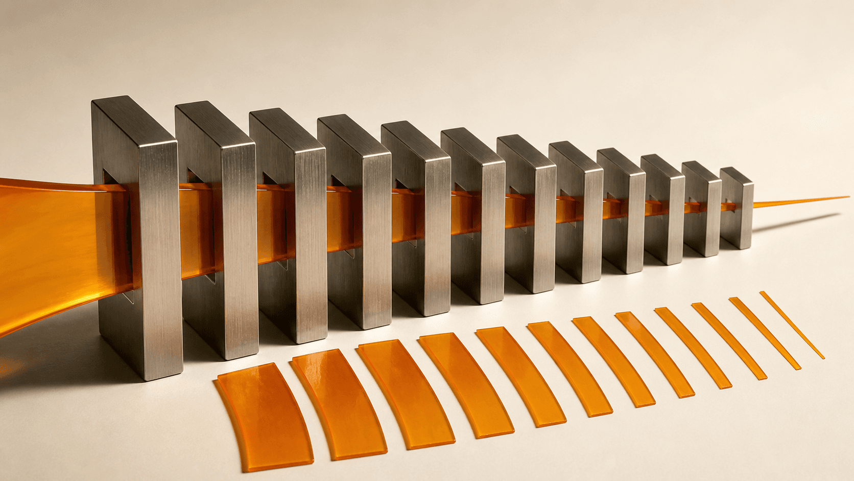 An orange retention ribbon narrowing as it passes through twelve physical steel gates