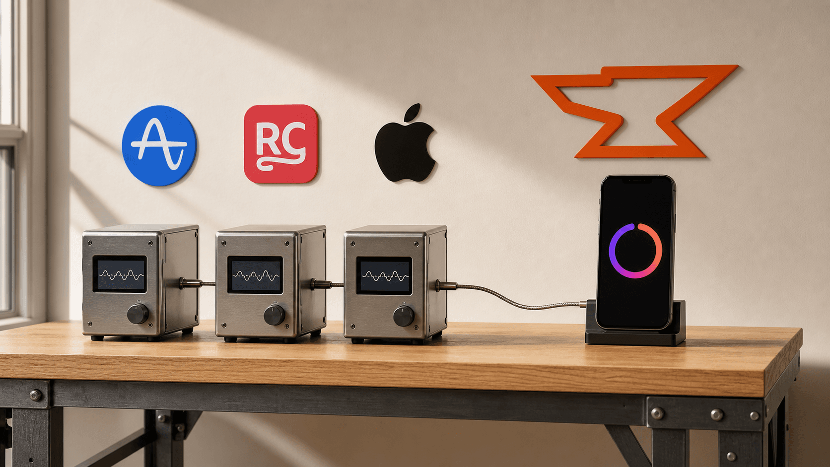 Amplitude, RevenueCat, Apple, and Built by Foundry marks above a product measurement workbench