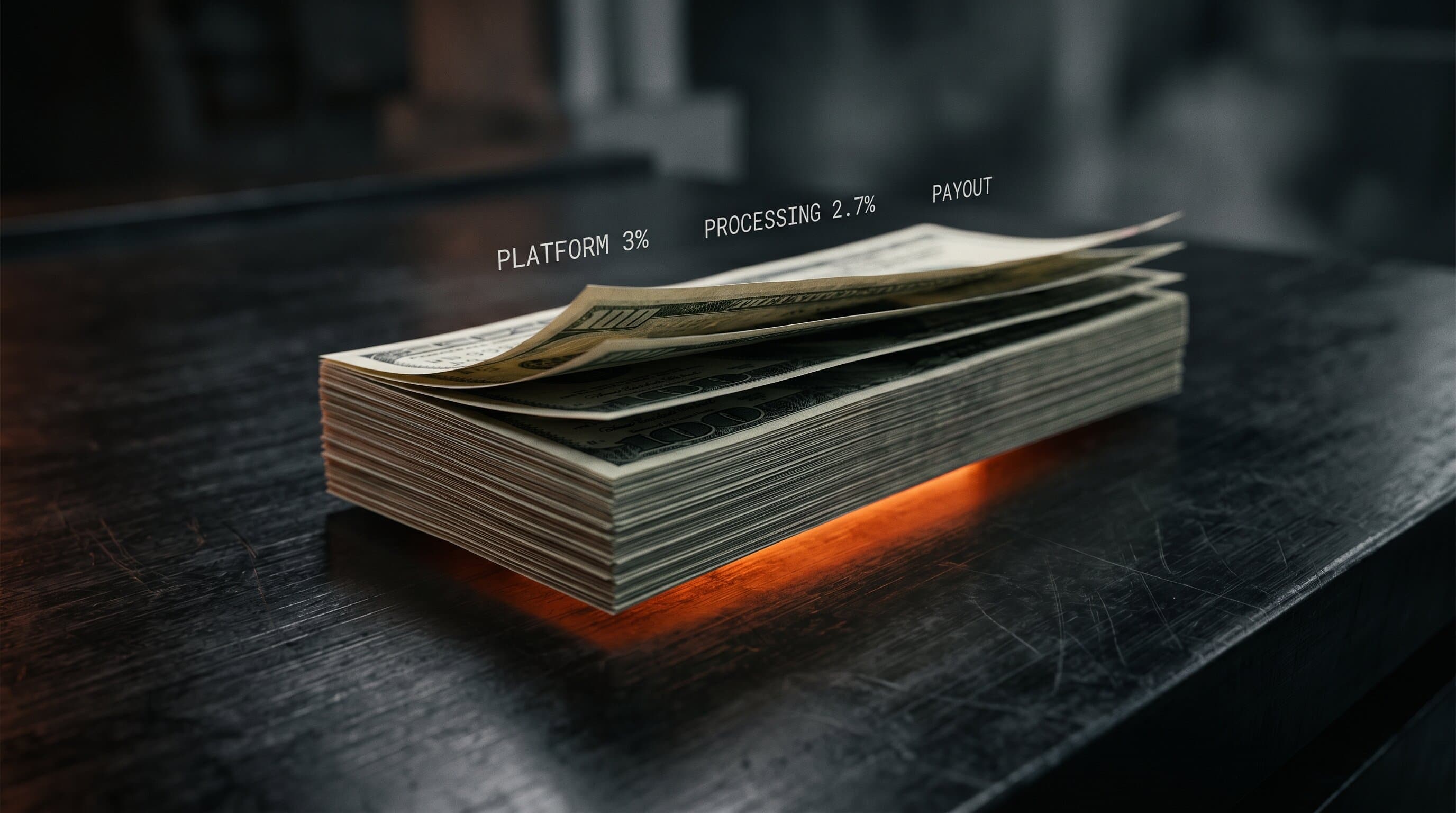 A breakdown of where Whop creator revenue actually goes, with the platform fee, processing, and payout costs visualized on a dark canvas with warm orange accents