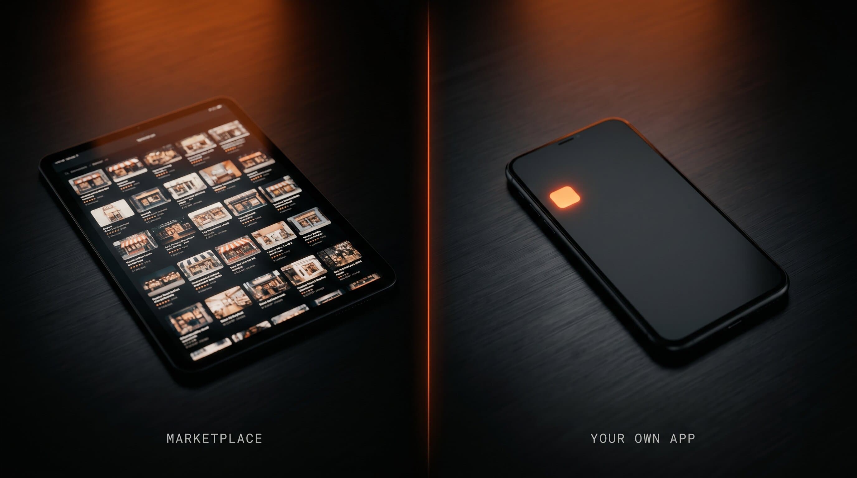 A side-by-side comparison of a Whop marketplace listing on the left versus a creator-owned App Store listing on the right, on a dark canvas with warm orange accent lighting