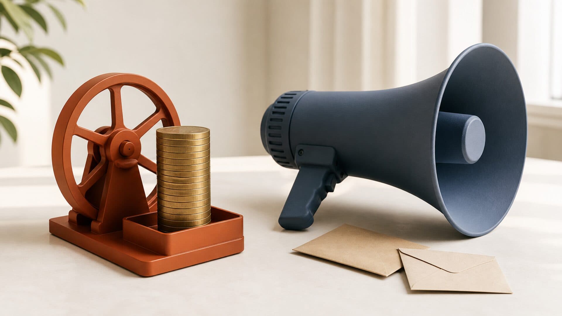 A compact recurring-revenue flywheel stacking durable tokens beside an oversized megaphone with two loose payments