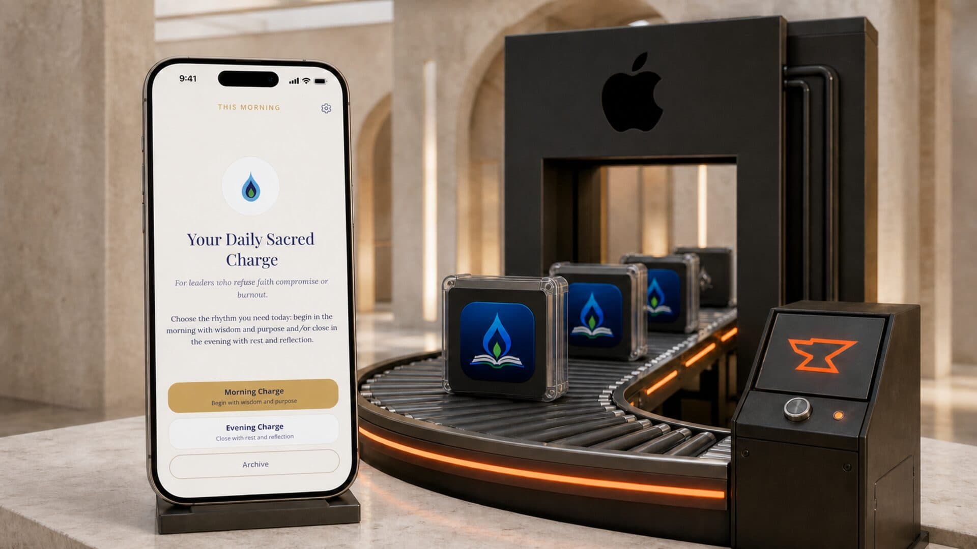 A real creator app moving through a continuous Apple review conveyor while a Built by Foundry service console keeps releases moving