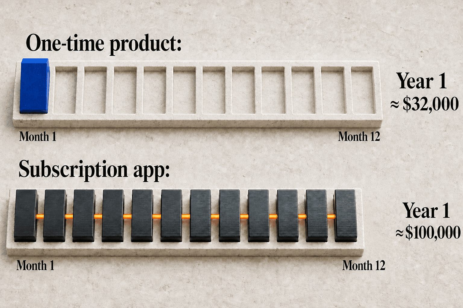 A twelve-month physical comparison showing a one-time purchase ending near $32,000 while a subscription app continues to roughly $100,000
