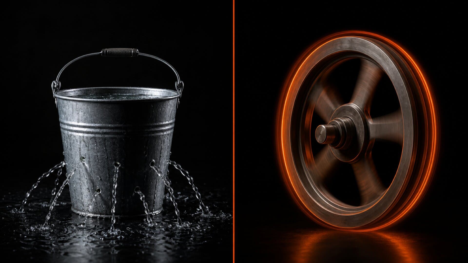 Split image contrasting a leaky bucket of one-time buyers draining away against a glowing flywheel of subscribers feeding back into the product