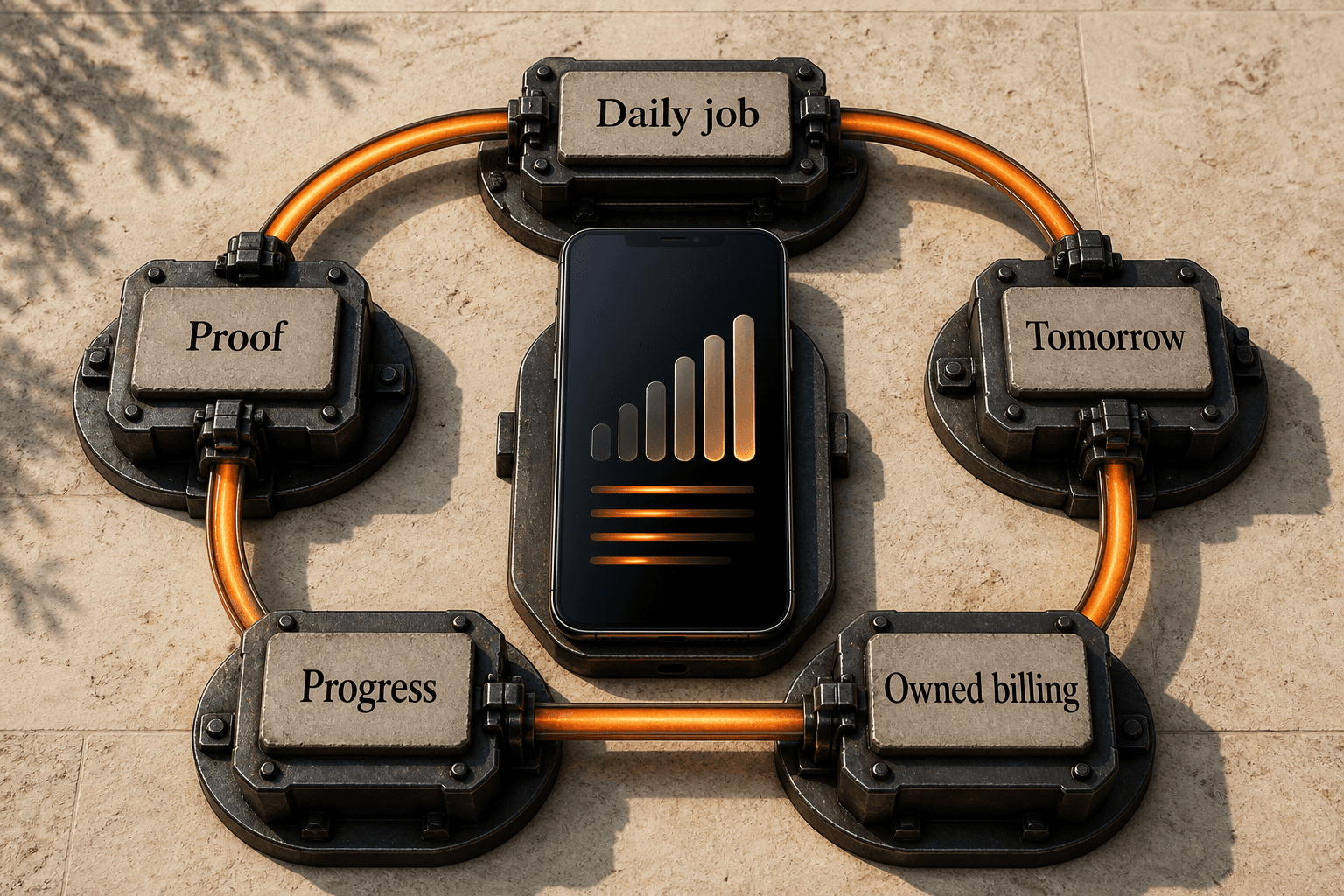 A five-station return loop connecting a daily job, tomorrow's use, owned billing, progress, and proof around a subscription product