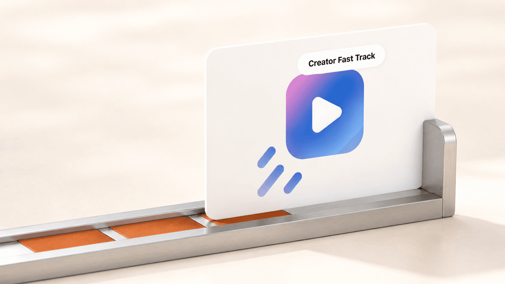 Facebook's official Creator Fast Track card traveling across three orange track segments before reaching a steel stop