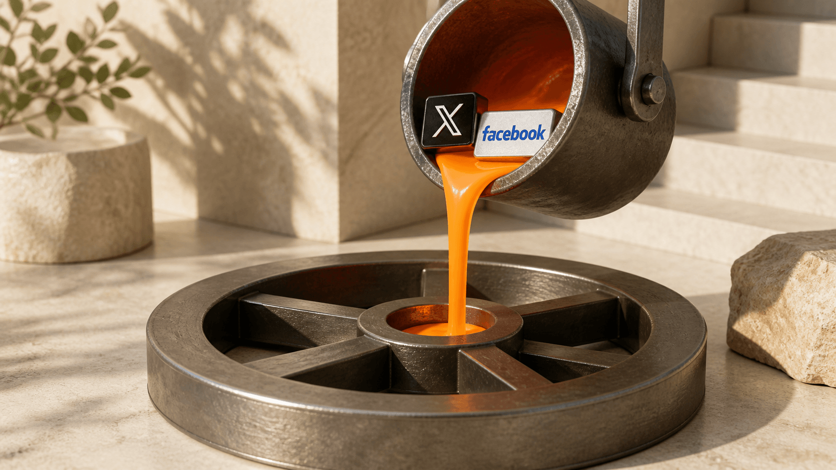 Official X and Facebook payout tokens entering a crucible that casts molten orange metal into a durable flywheel
