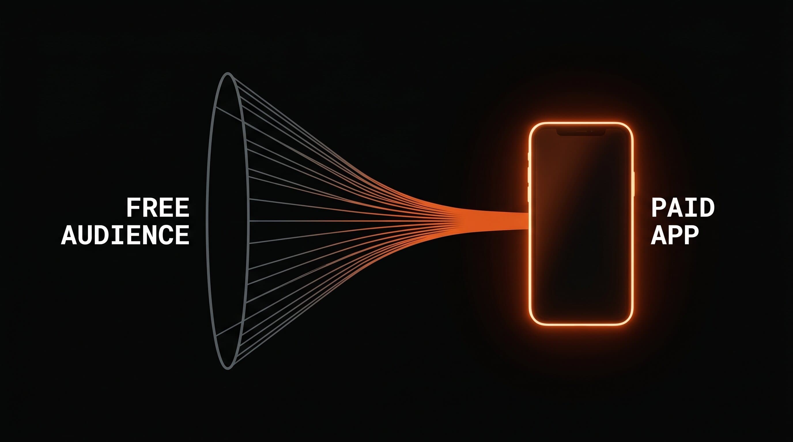 Conceptual diagram of a wide free audience funnel narrowing into a paid subscription app
