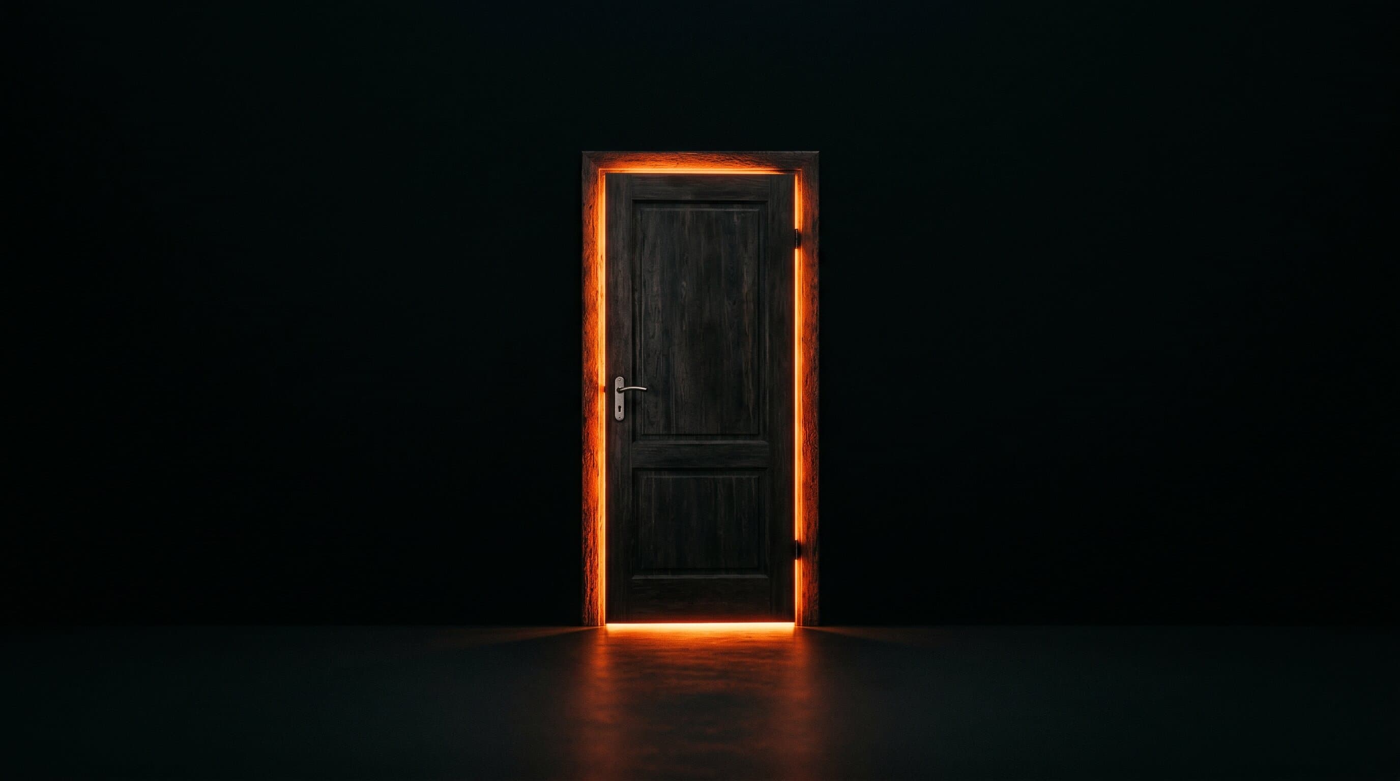 Conceptual image of a single warm-lit door representing an owned creator business against a dark background