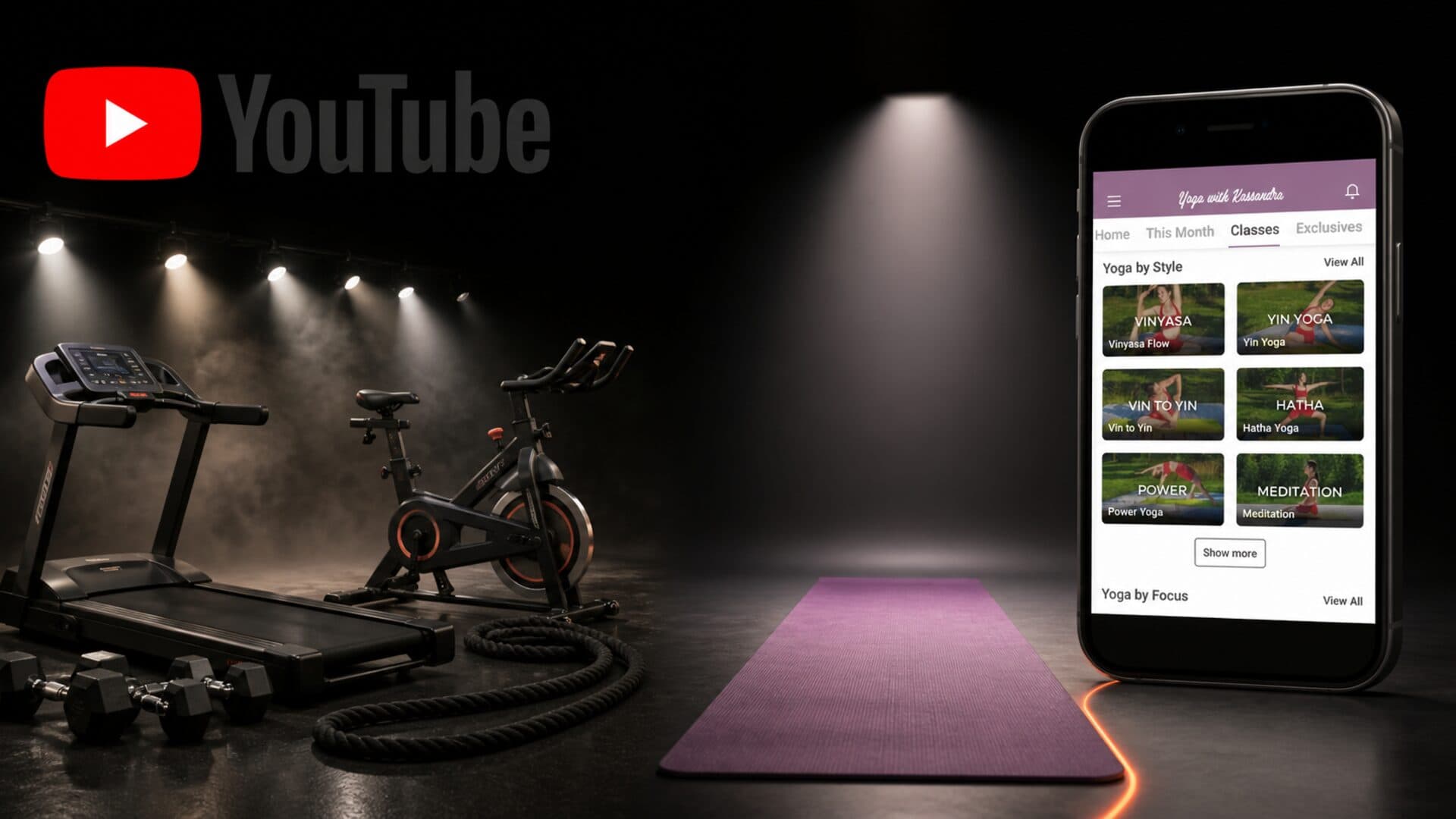 A crowded field of fitness equipment under the YouTube mark gives way to one quiet Yin yoga mat leading into the Yoga With Kassandra app