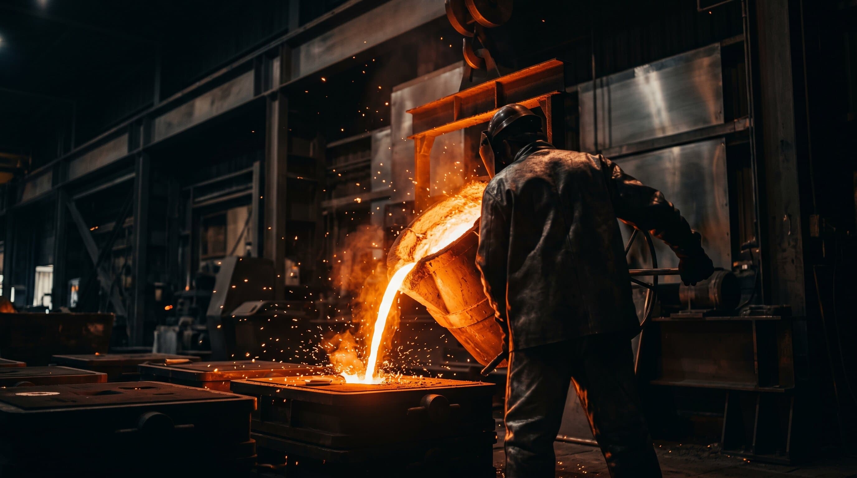 Conceptual photograph of a foundry pouring molten metal, building something from heat and pressure