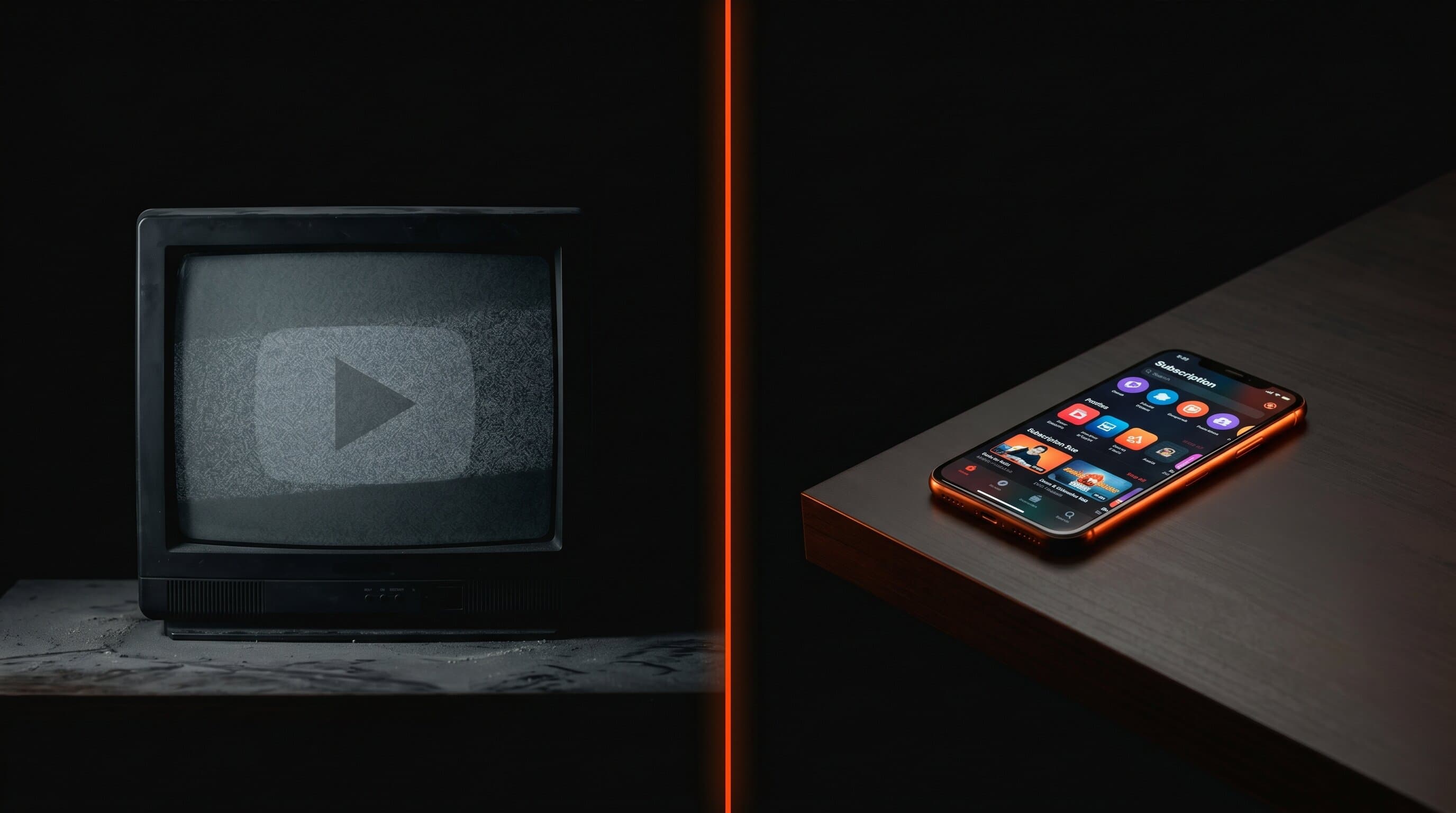A dim television showing a faded play button on a dusty surface, contrasted with a glowing smartphone displaying a subscription app on a clean desk, divided by a vertical orange accent line