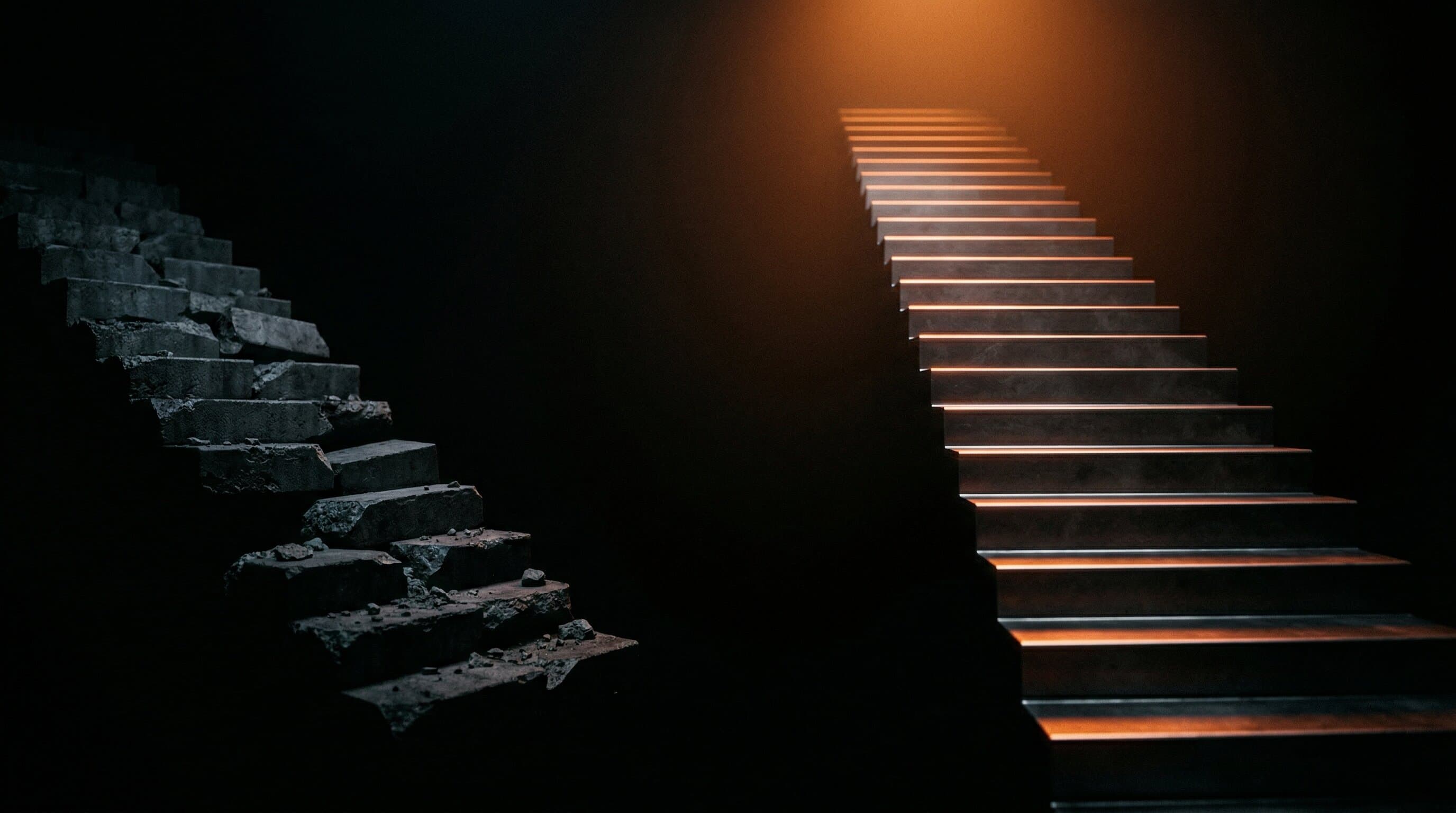 Crumbling disconnected steps versus a solid staircase lit with warm orange light climbing upward, representing resetting income versus compounding revenue