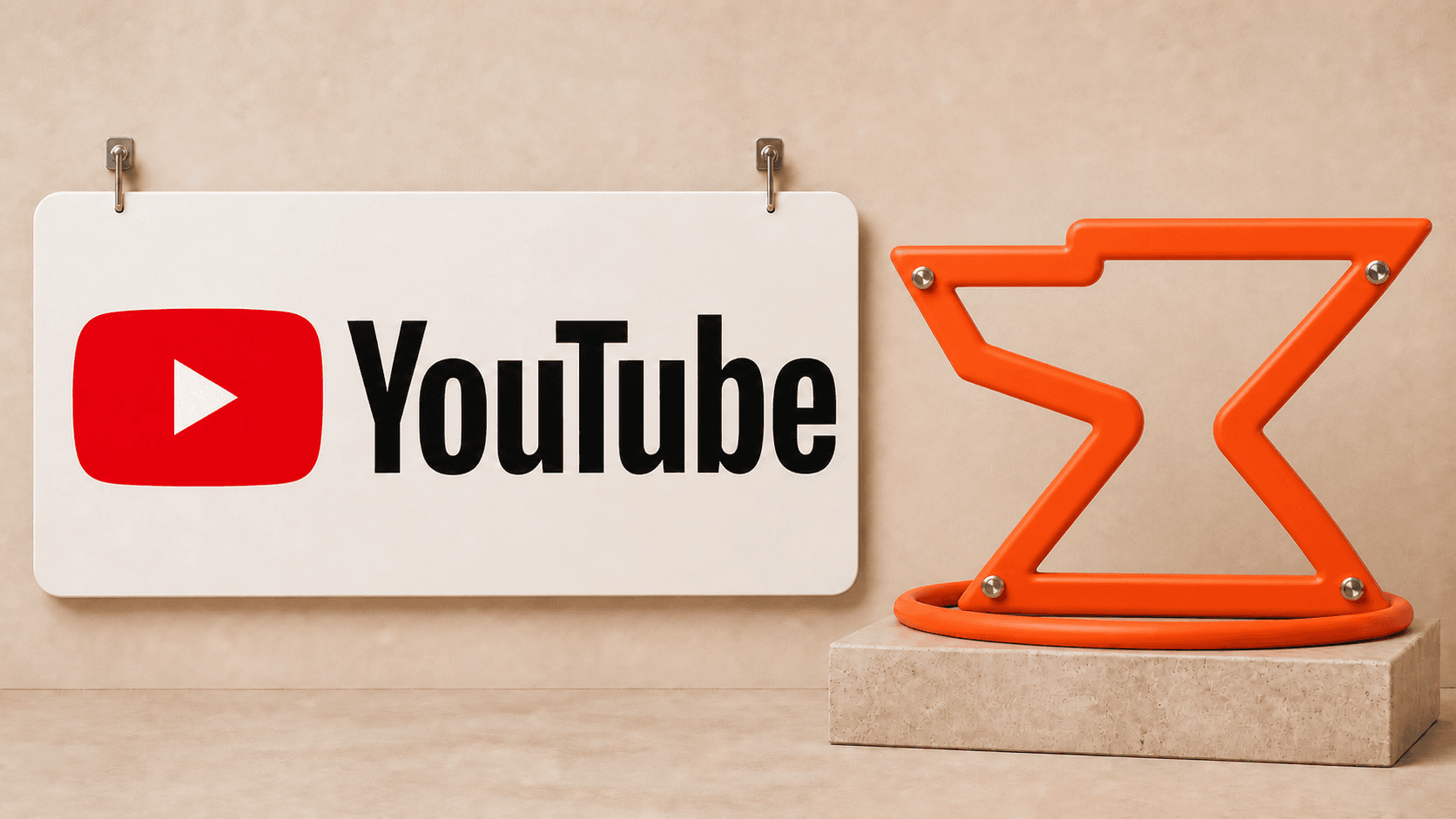A YouTube plaque hanging from removable hooks beside the Built by Foundry mark bolted to its own foundation