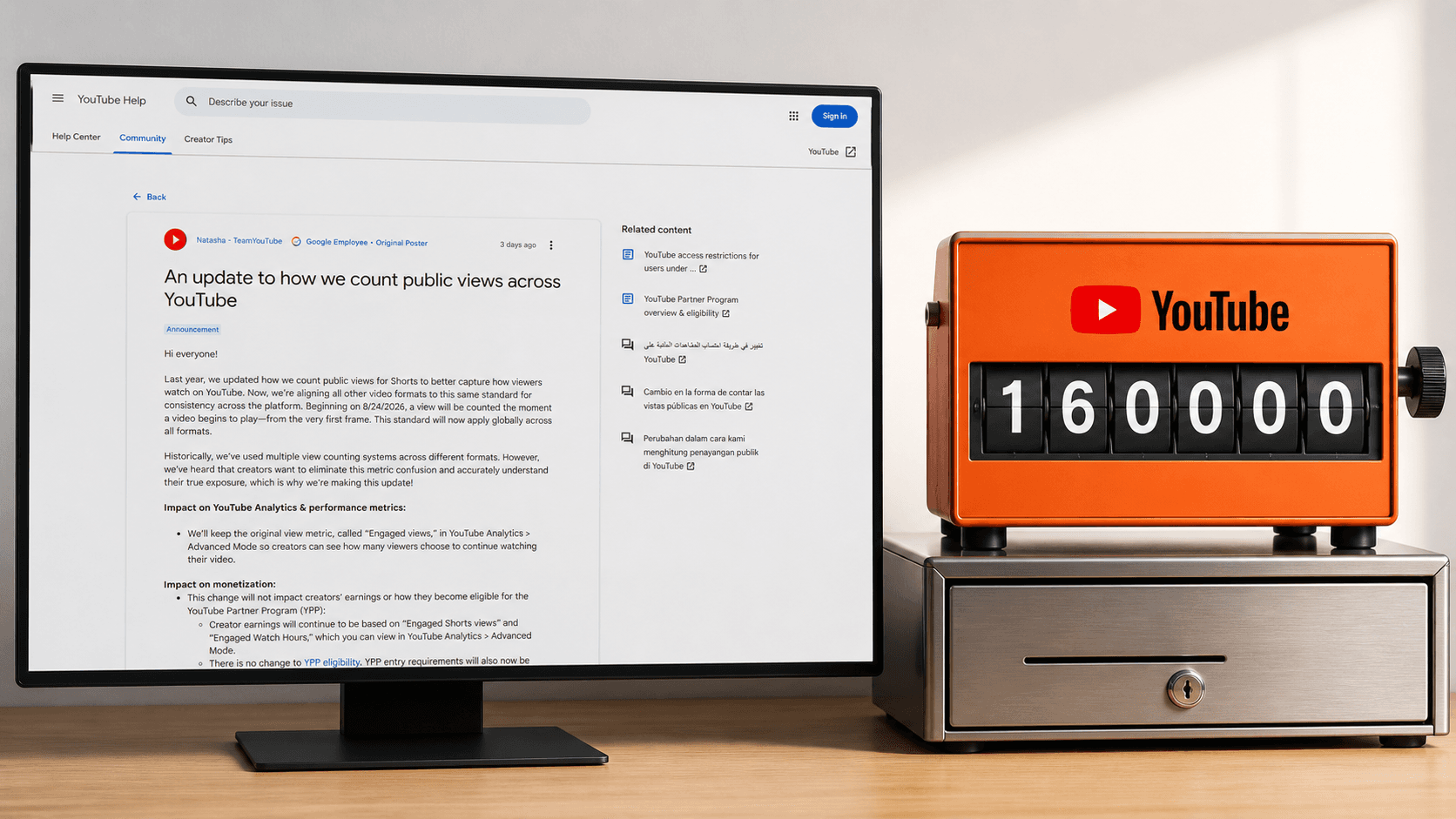 YouTube's view-count announcement beside a rising 160,000-view counter and a payout drawer that remains closed