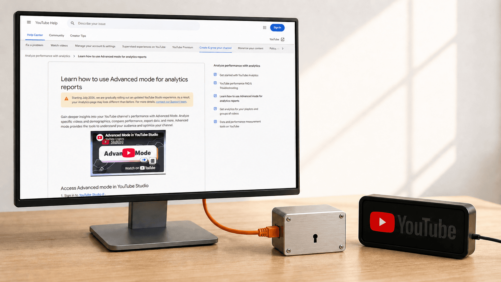 YouTube analytics connected by an orange data cable to a creator-owned locked data box while the platform device sits unplugged