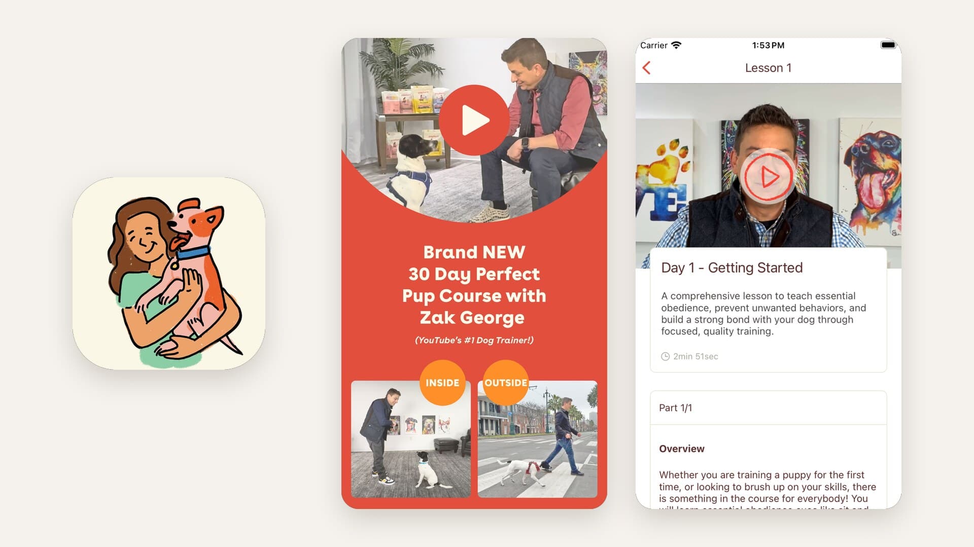 The Pupford app icon beside Pupford's own App Store screenshots announcing the 30 Day Perfect Pup course with Zak George and showing its Day 1 lesson screen