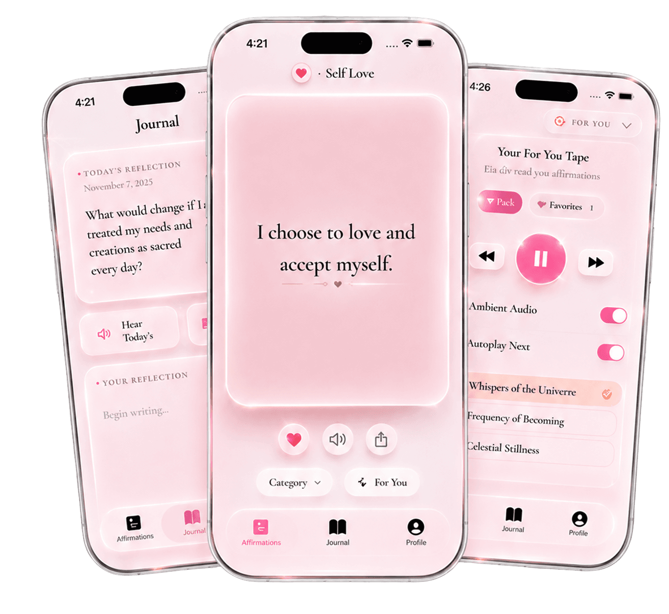 Claim It affirmation, journal, and guided tape app screens