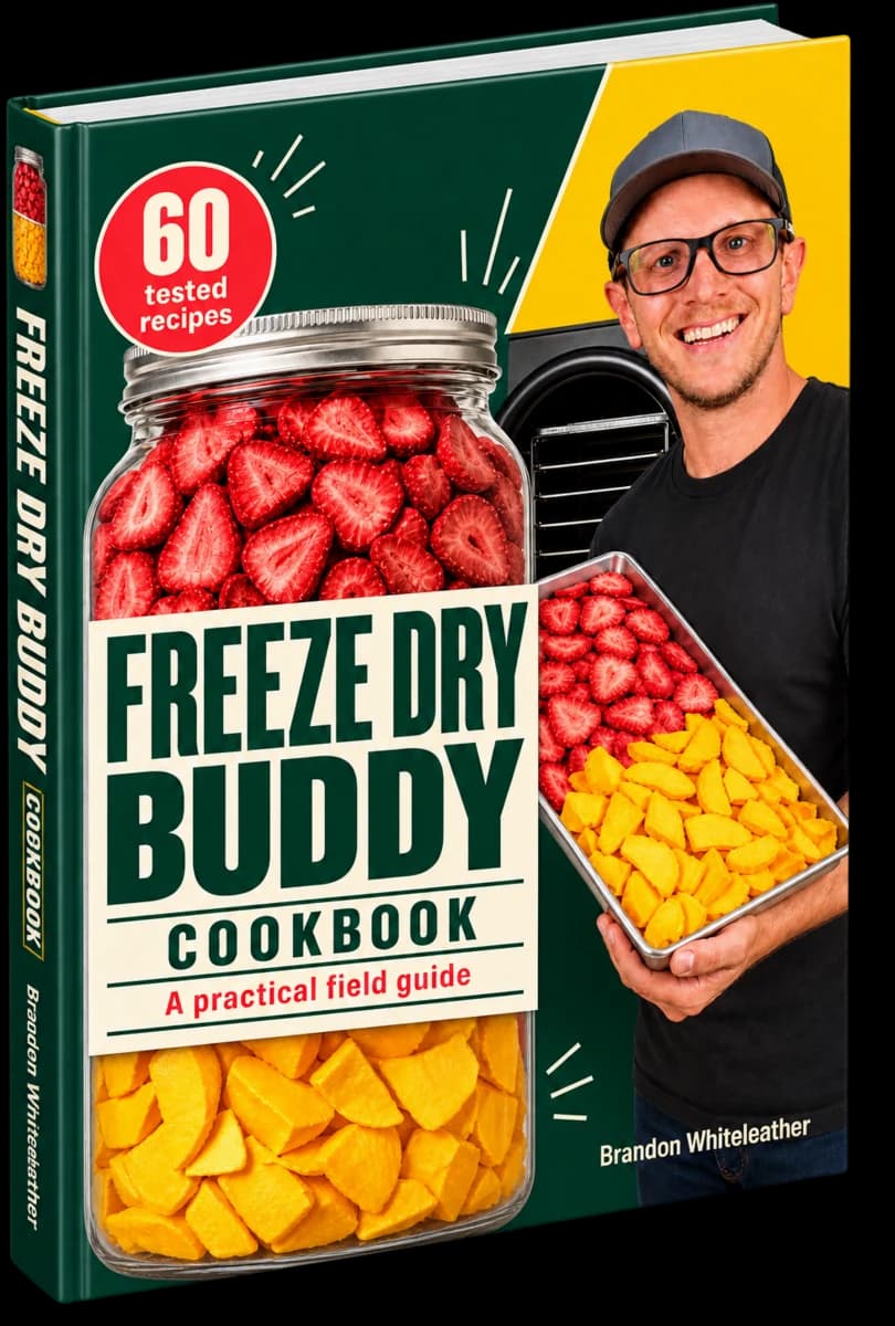 The Freeze Dry Buddy Cookbook in hardback: Brandon Whiteleather holding a tray of freeze-dried strawberries and mango beside a jar of finished fruit.