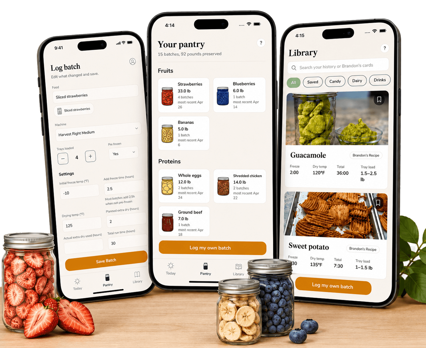 Freeze Dry Buddy app screens with freeze dried fruit jars