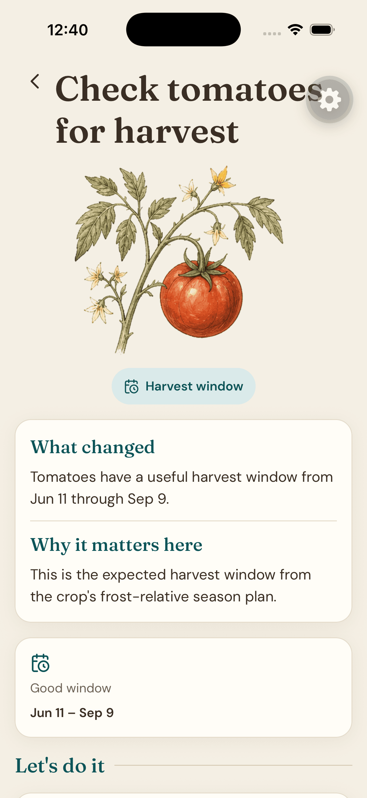 A tomato harvest task in the Garden Almanac, with what changed and why it matters