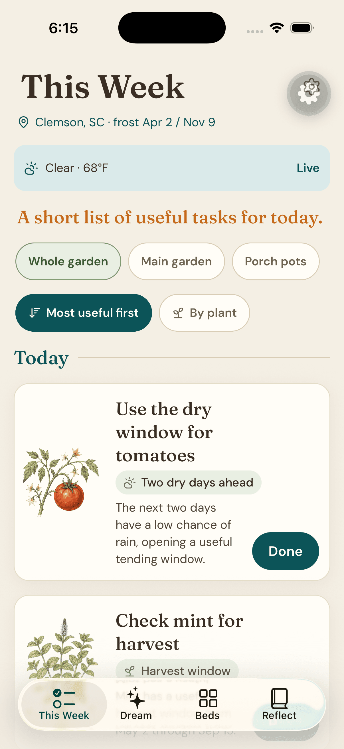 This Week in the Garden Almanac, showing today's tasks