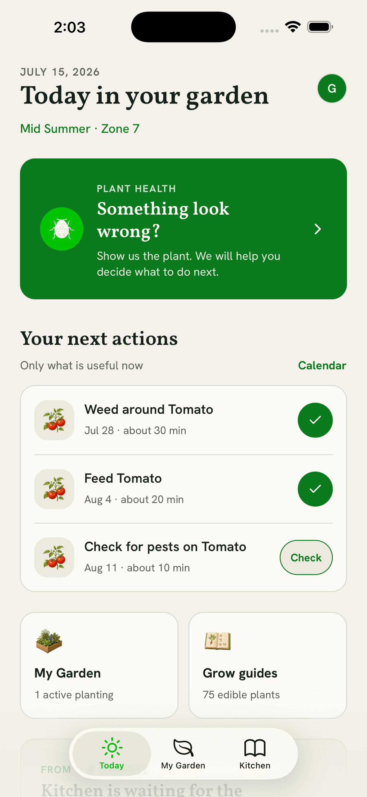 Today's personalized garden actions in Garden-to-Table Companion