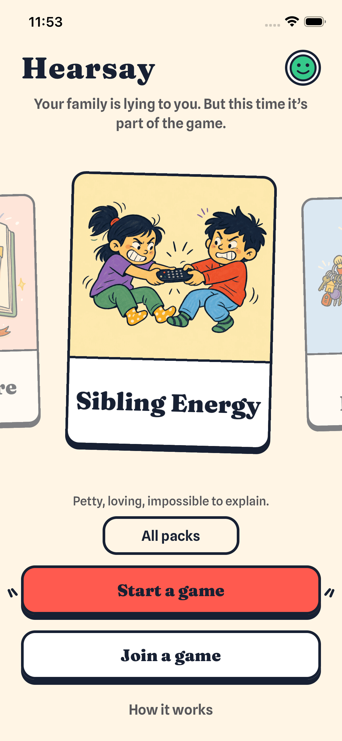 The Hearsay home screen, showing the Sibling Energy pack and a Start a game button