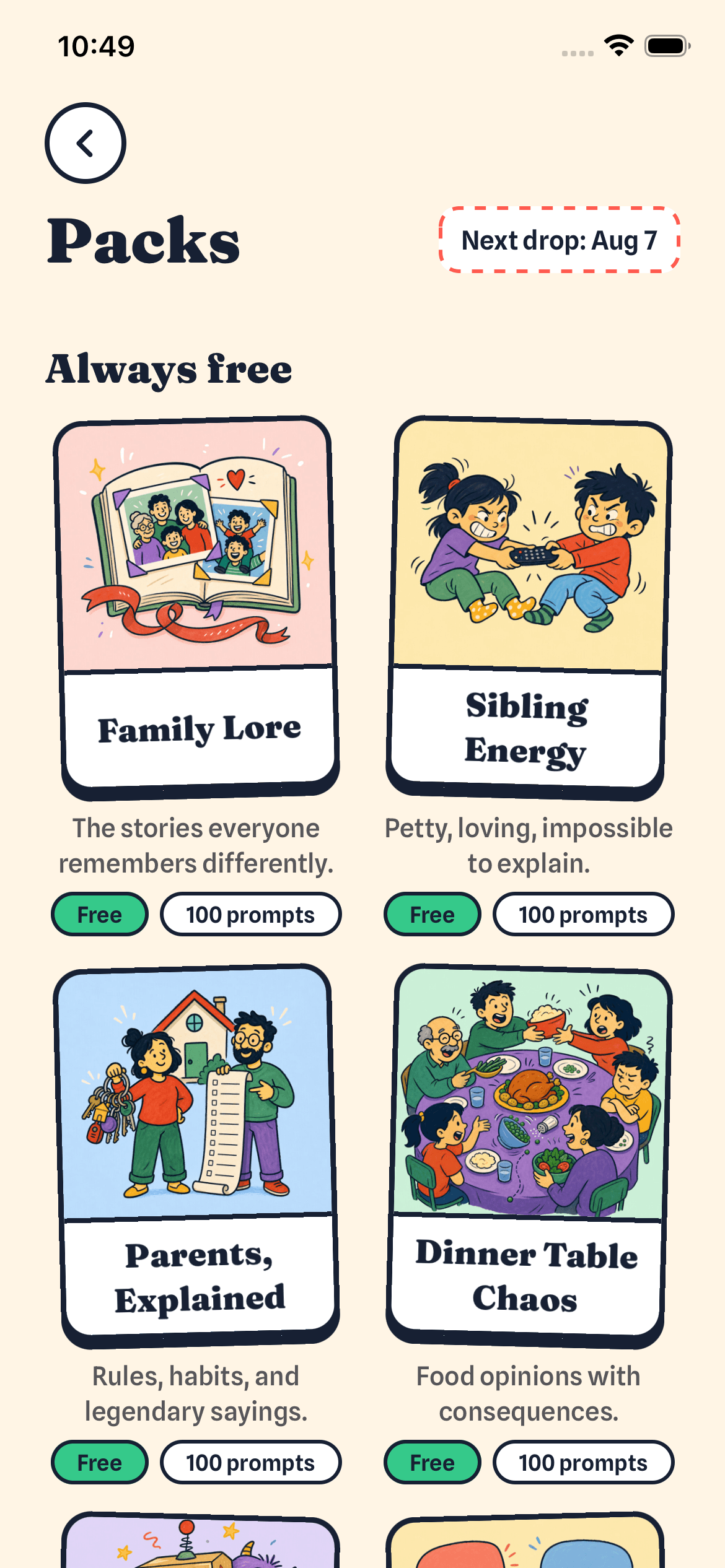 The Hearsay pack shelf, showing Family Lore, Sibling Energy, Parents Explained and Dinner Table Chaos