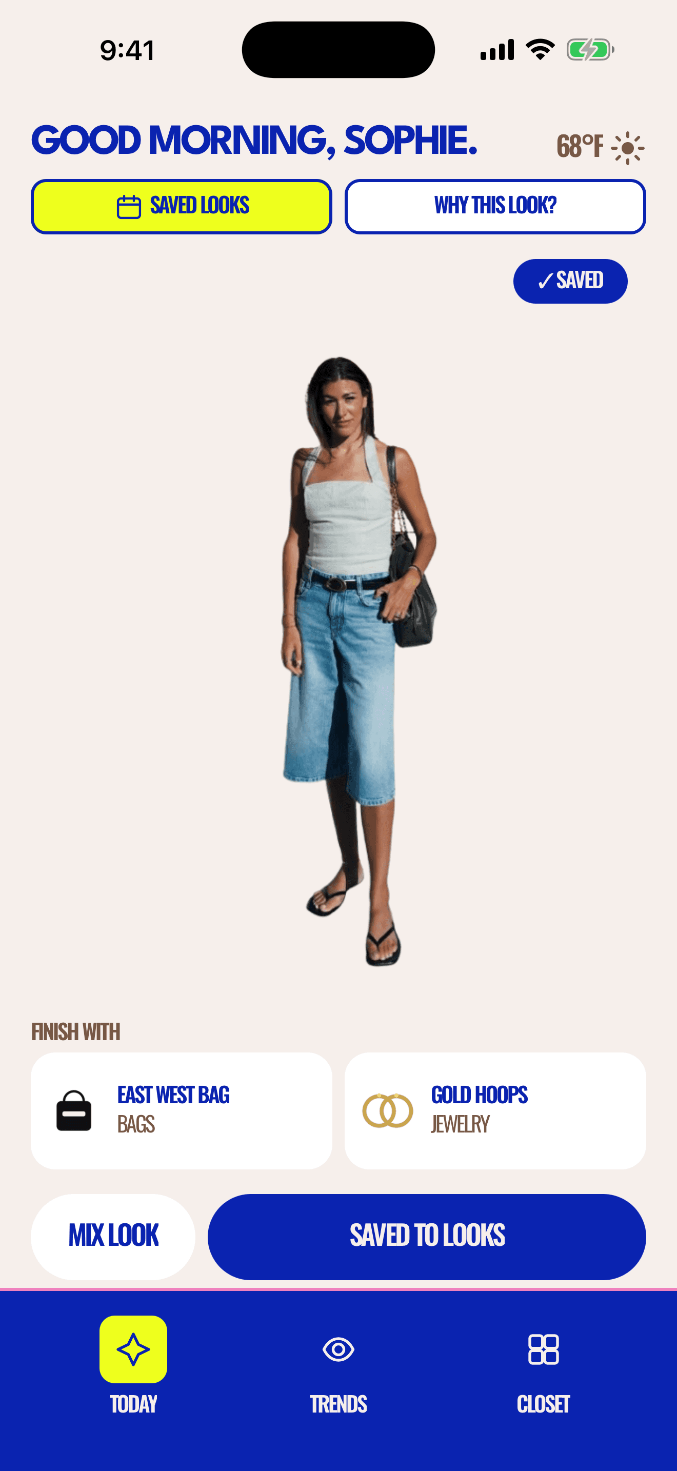The Today screen: a styled outfit on your own photo, with the pieces to finish it with