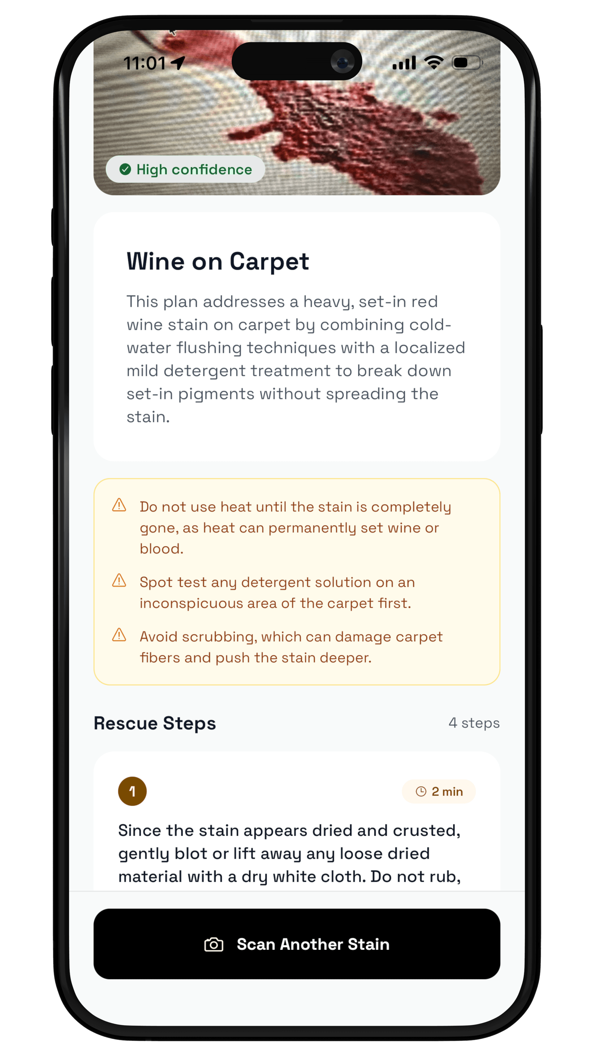 Stain Fix on iPhone showing a wine on carpet rescue plan with safety notes and step by step instructions
